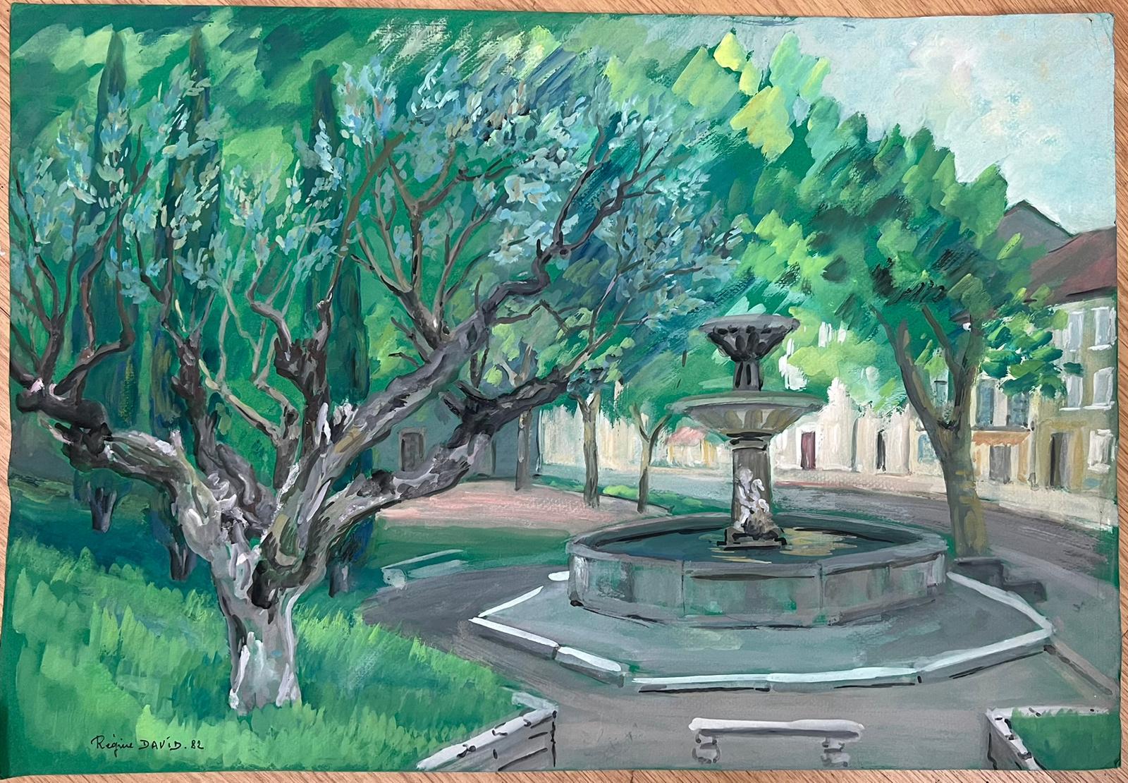 Village Square with Majestic Olive Tree and Elegant Fountain Provincial Life - Painting by Regine David