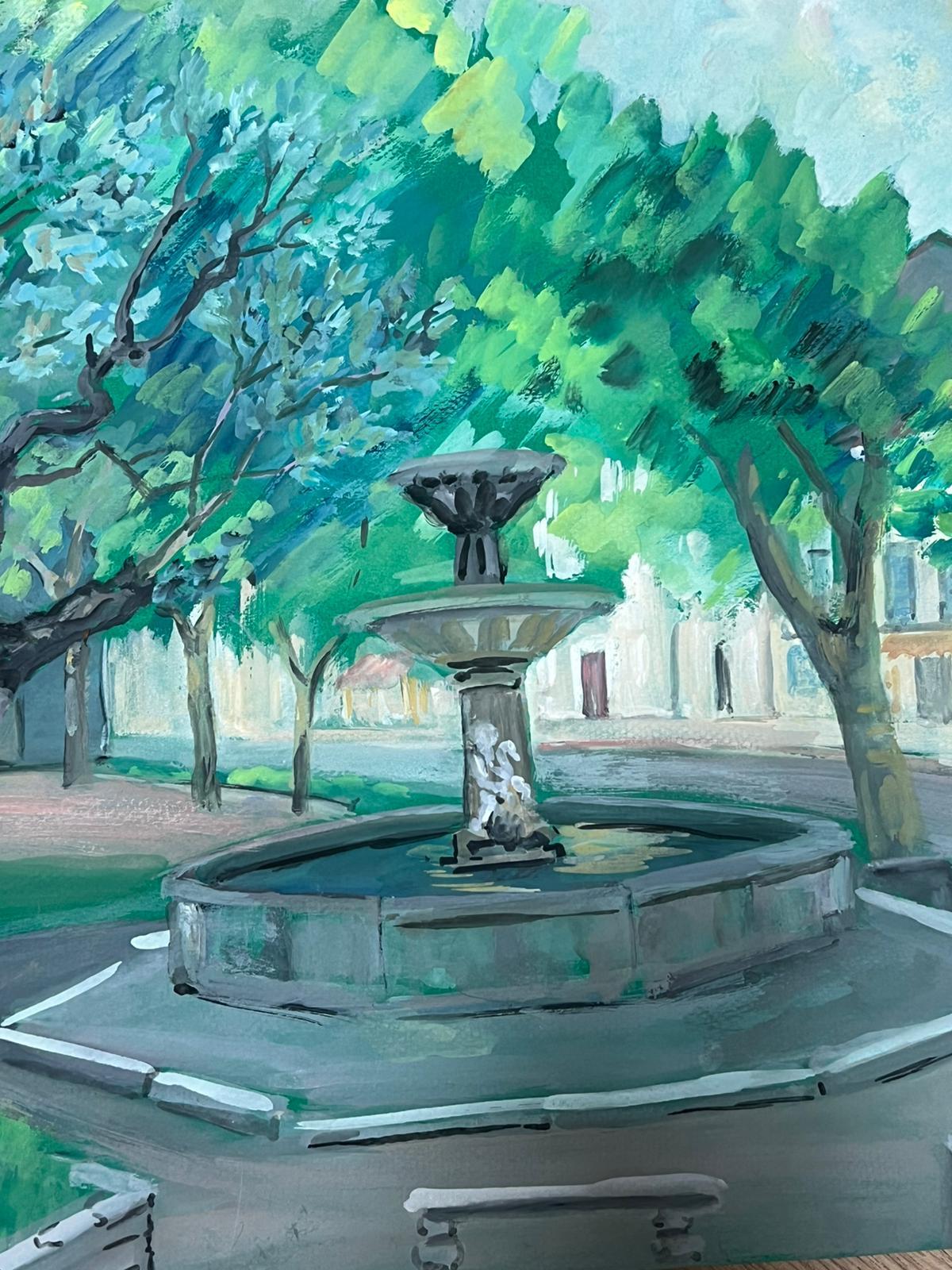 Village Square with Majestic Olive Tree and Elegant Fountain Provincial Life - Blue Landscape Painting by Regine David