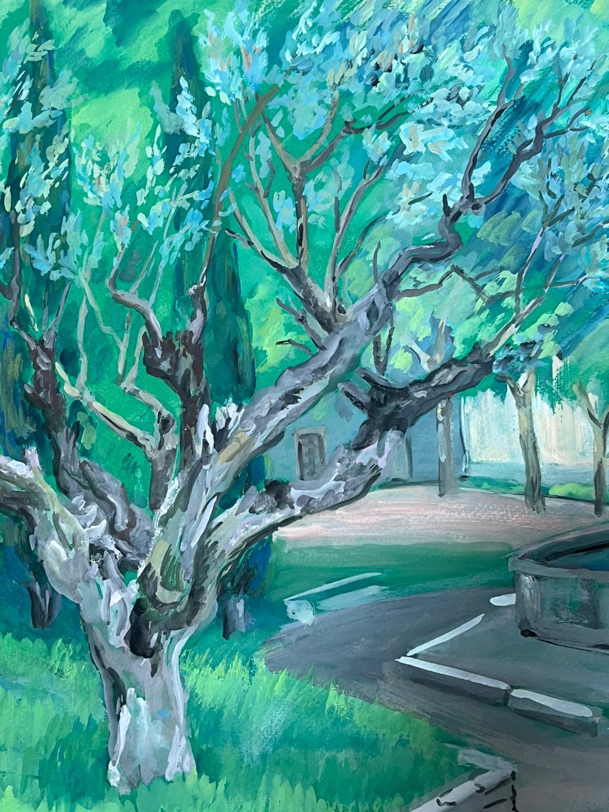 The Old Olive Trees at the Fountain
signed by Regine David (female French artist, 1910-2018)
dated 82'
gouache painting on artist paper, unframed
board: 15.5 x 22 inches
inscribed verso
condition: This painting is in excellent condition, with