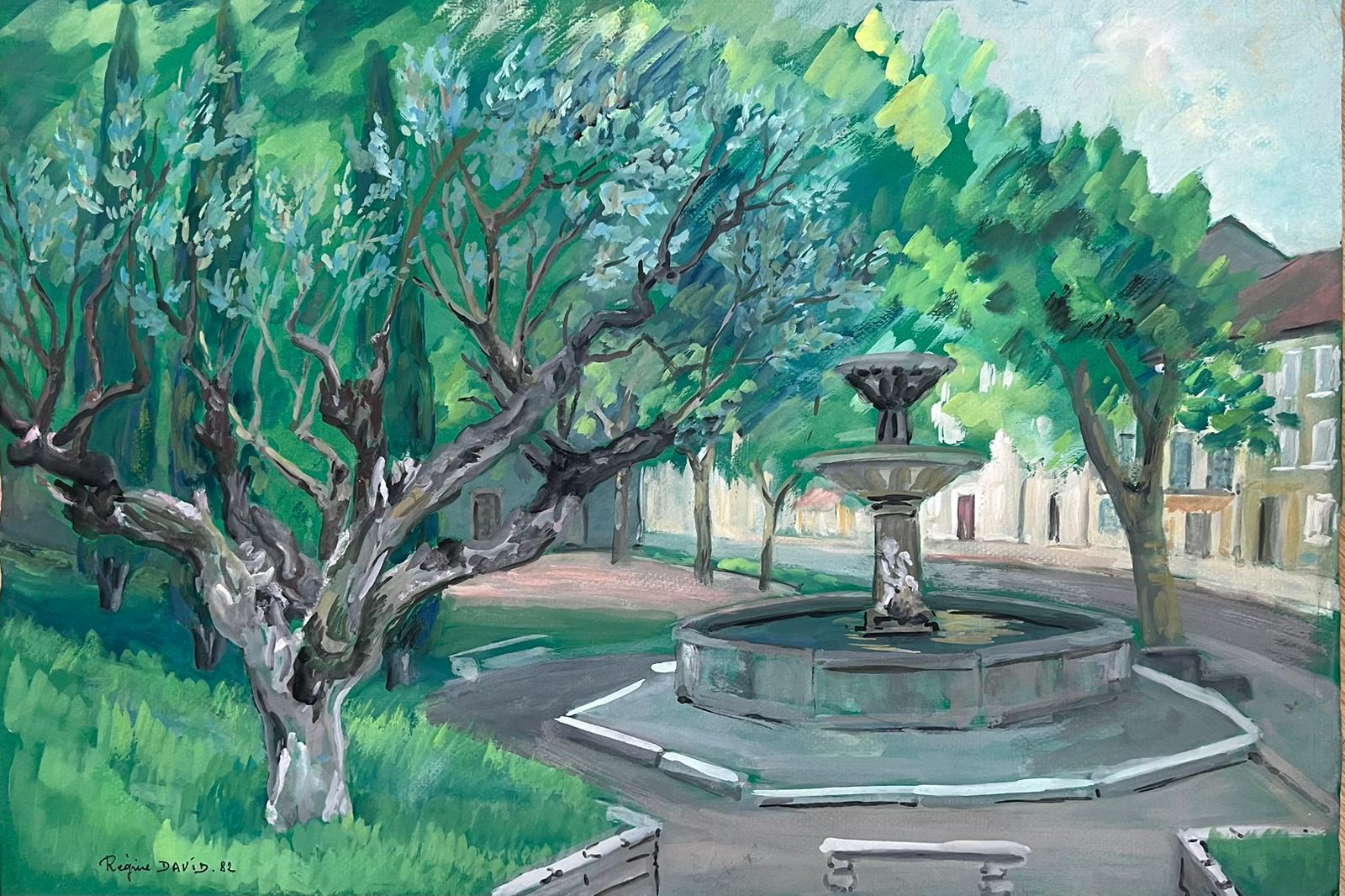 Regine David Landscape Painting - Village Square with Majestic Olive Tree and Elegant Fountain Provincial Life