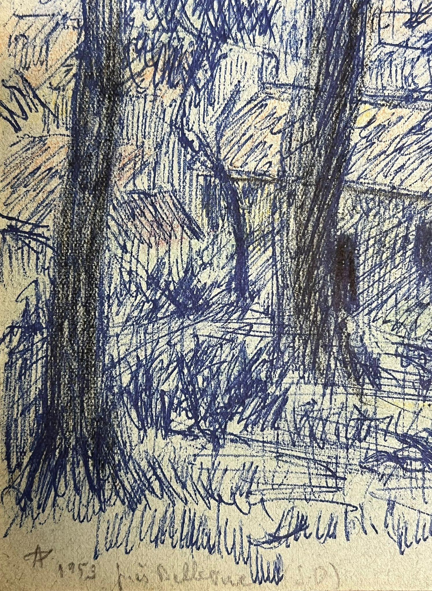 Vintage Blue Forest Landscape Drawing of a Wooded Scene with a Hidden Cottage - Painting by Regine David