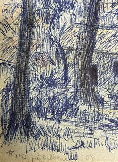 Vintage Blue Forest Landscape Drawing of a Wooded Scene with a Hidden Cottage