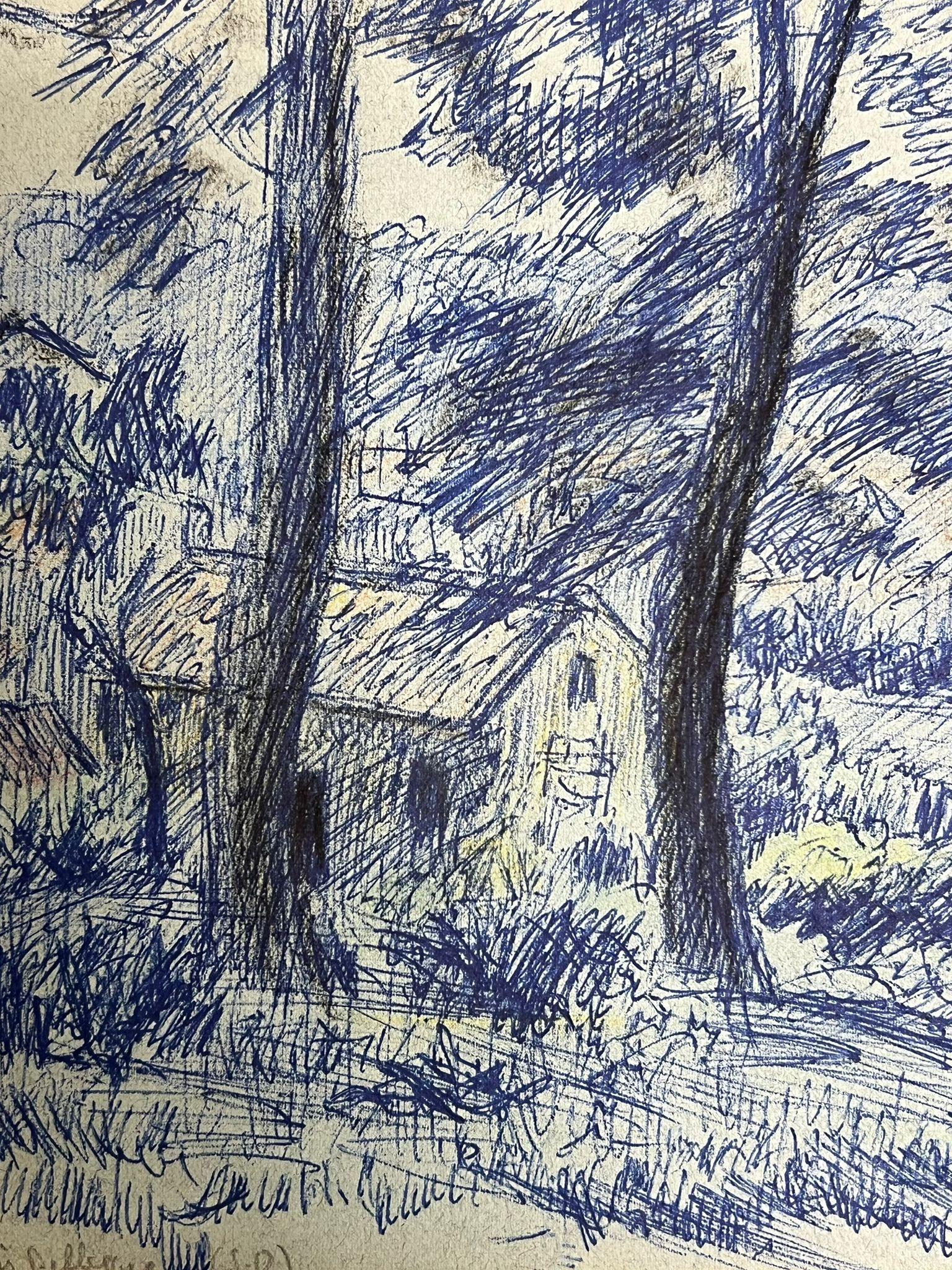 Vintage Blue Forest Landscape Drawing of a Wooded Scene with a Hidden Cottage - Post-Impressionist Painting by Regine David