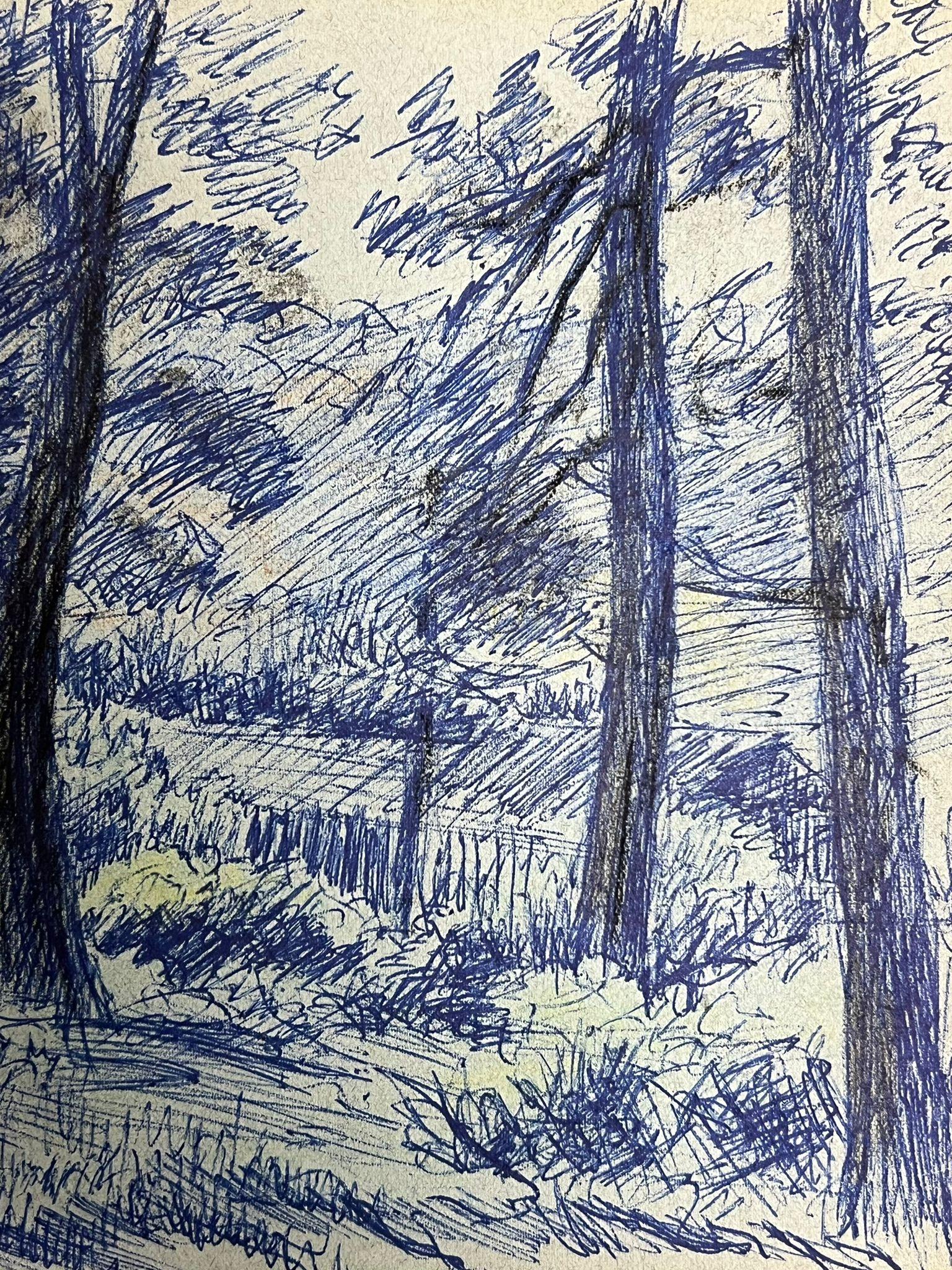 Vintage Blue Forest Landscape Drawing of a Wooded Scene with a Hidden Cottage - Gray Landscape Painting by Regine David