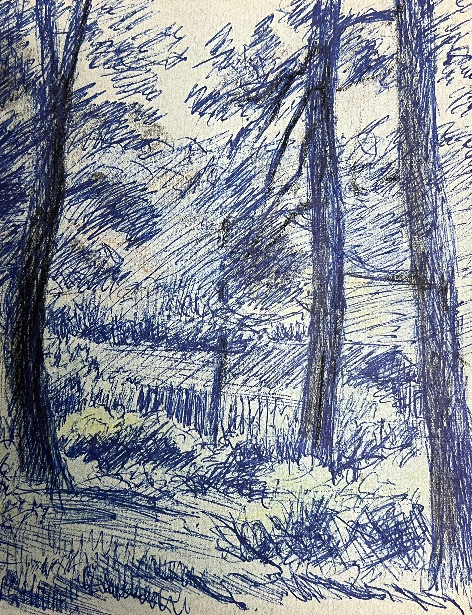 Blue Forest Landscape
by Regine David (female French artist, 1910-2018)
biro pen drawing on artist paper
painting: 7.5 x 10.5 inches
condition: This painting is in excellent condition, with vibrant colors and well-preserved details. The painting is