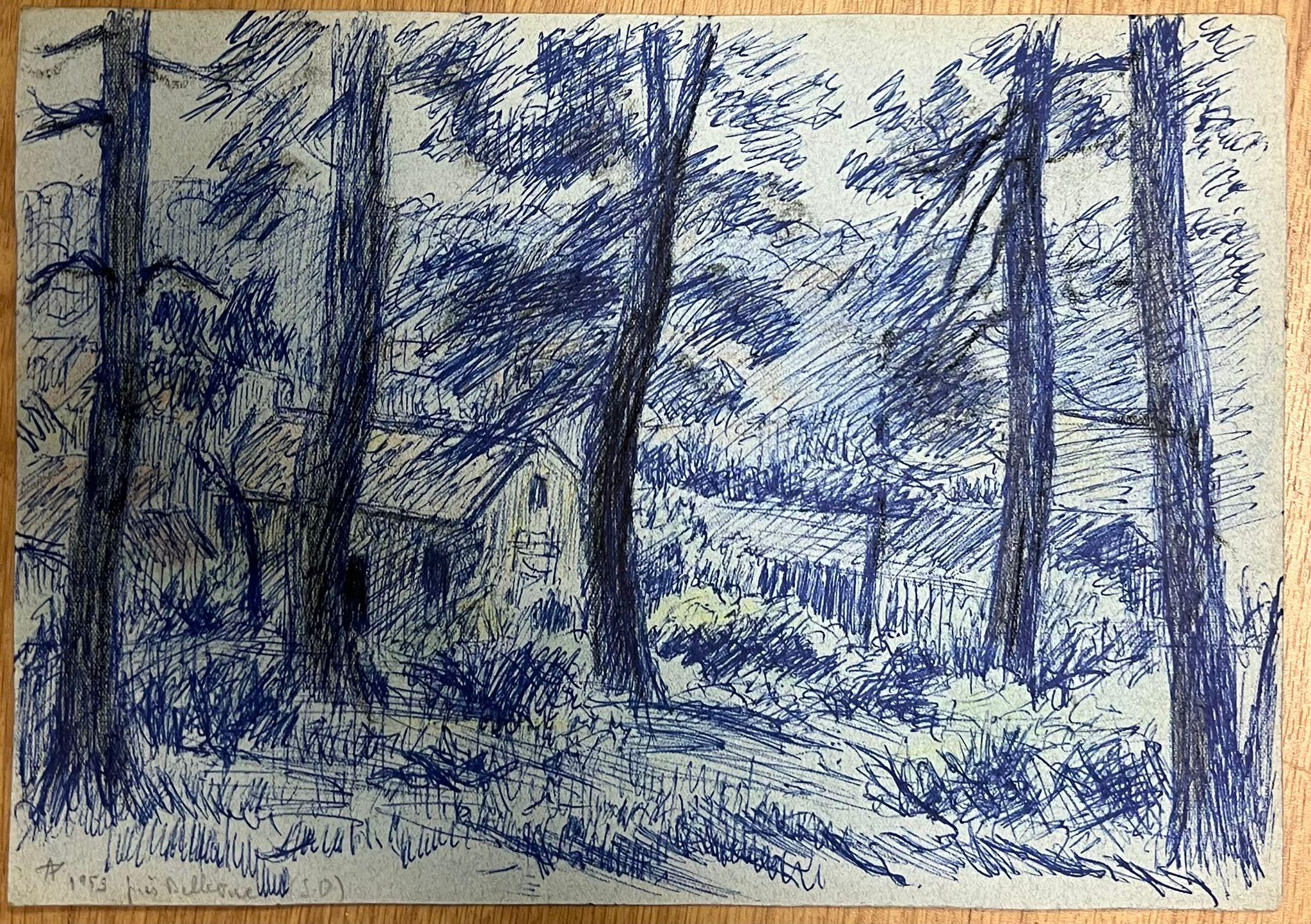 Vintage Blue Forest Landscape Drawing of a Wooded Scene with a Hidden Cottage For Sale 1