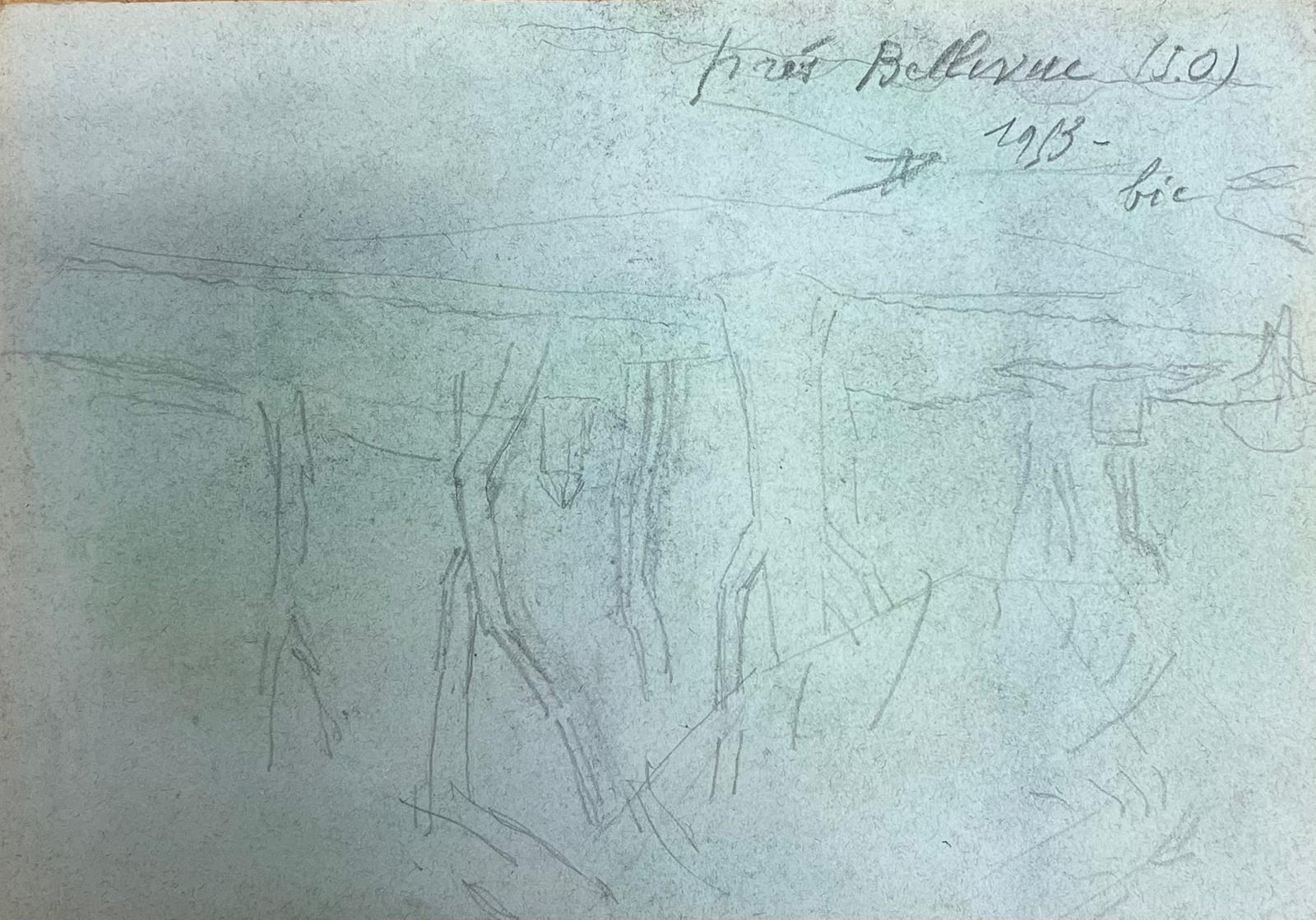 Vintage Blue Forest Landscape Drawing of a Wooded Scene with a Hidden Cottage For Sale 3