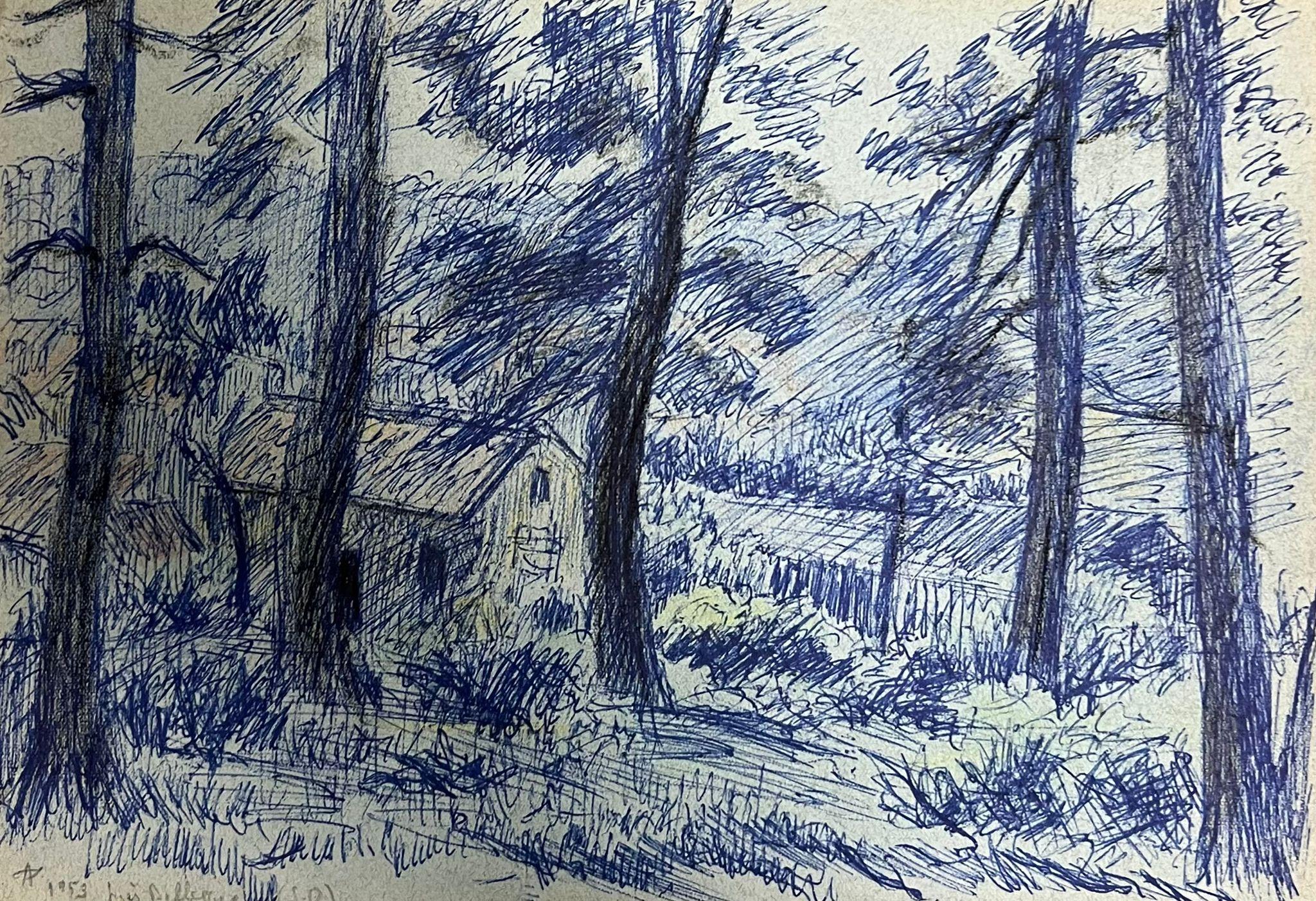 Regine David Landscape Painting - Vintage Blue Forest Landscape Drawing of a Wooded Scene with a Hidden Cottage