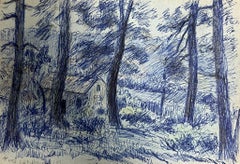 Dibujo Vintage de Paisaje Forestal Azul de una Escena Arbolada con una Cabaña Oculta