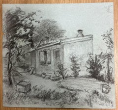 Vintage Charcoal Drawing of a Quaint Cottage Surrounded by Trees Landscape