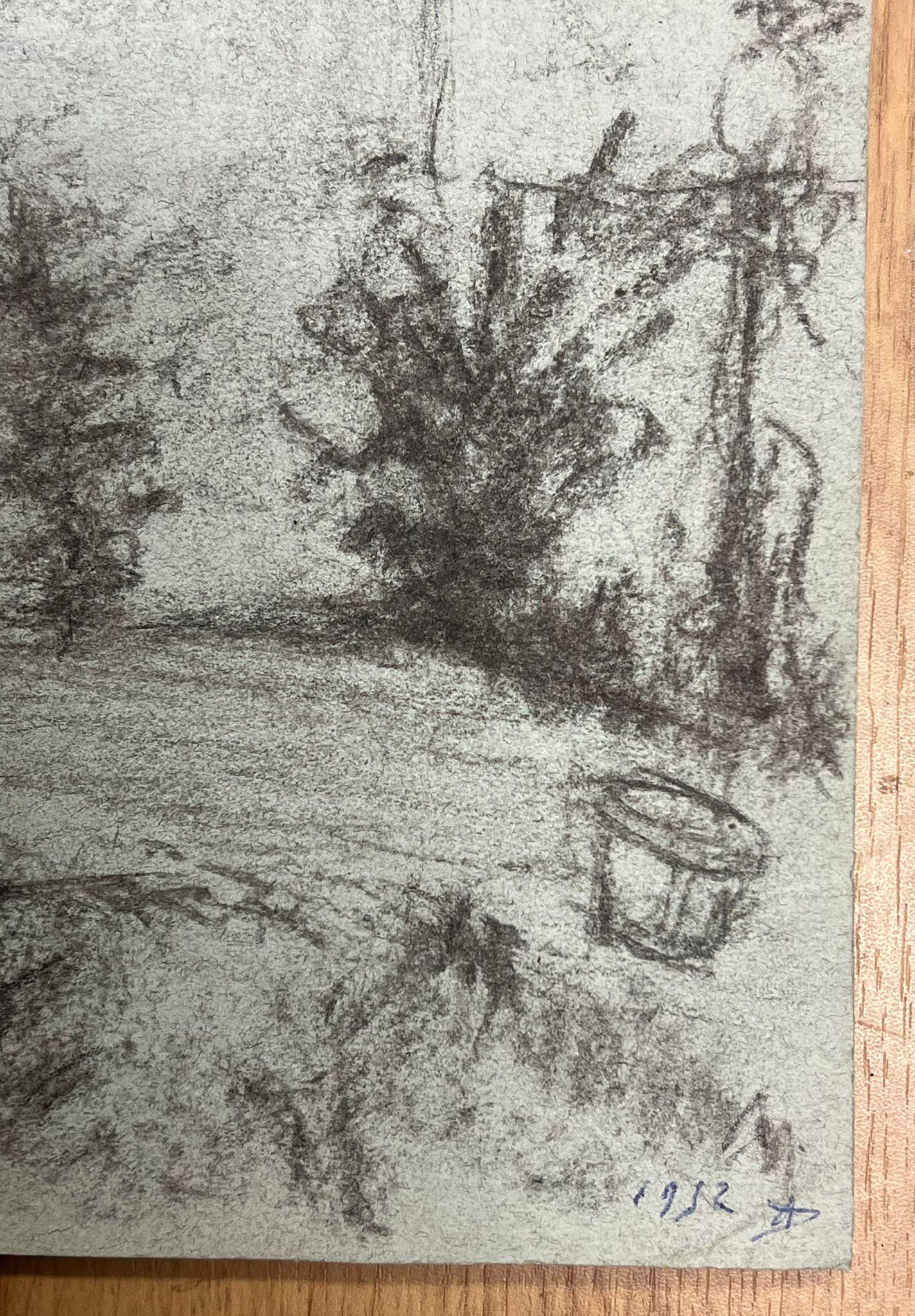 Dibujo antiguo a carboncillo de una pintoresca casita rodeada de árboles Paisaje - Painting Posimpresionista de Regine David