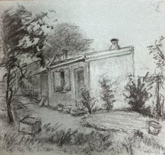 Dibujo antiguo a carboncillo de una pintoresca casita rodeada de árboles Paisaje