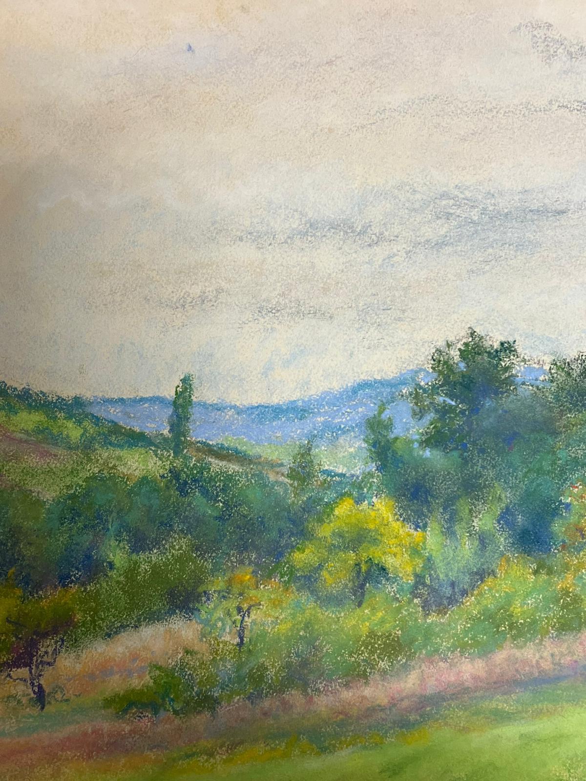 Vintage Landscape with Rolling Hills Countryside with Vibrant Green Meadow - Painting by Regine David