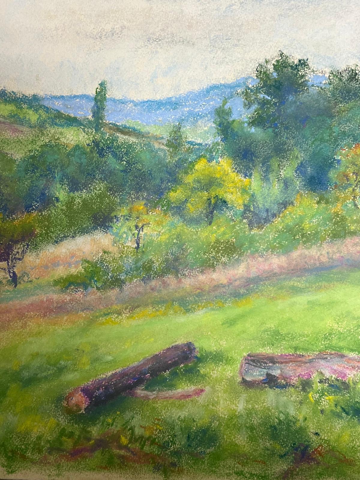Vintage Landscape with Rolling Hills Countryside with Vibrant Green Meadow - Post-Impressionist Painting by Regine David