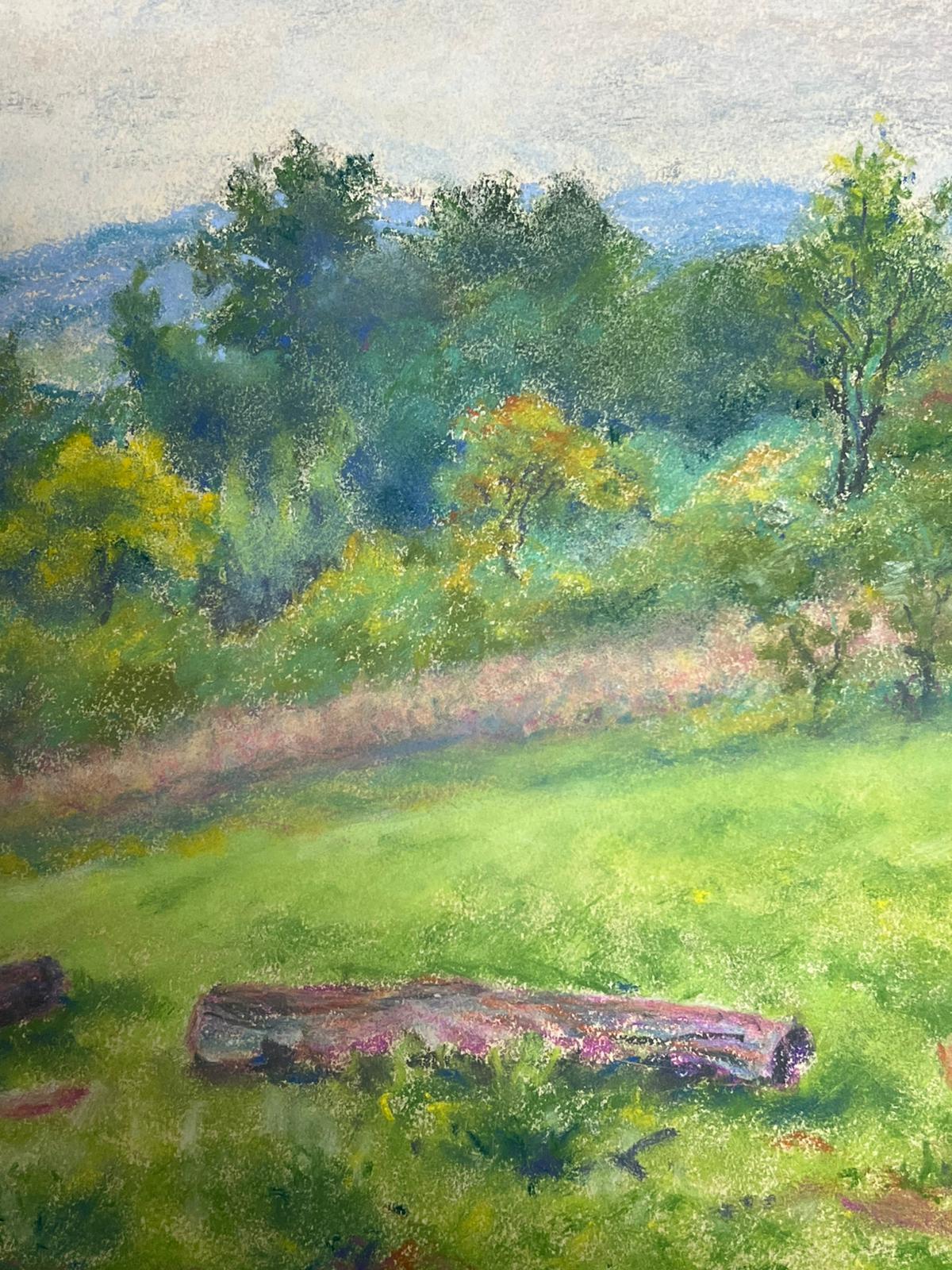 Vintage Landscape with Rolling Hills Countryside with Vibrant Green Meadow - Beige Landscape Painting by Regine David