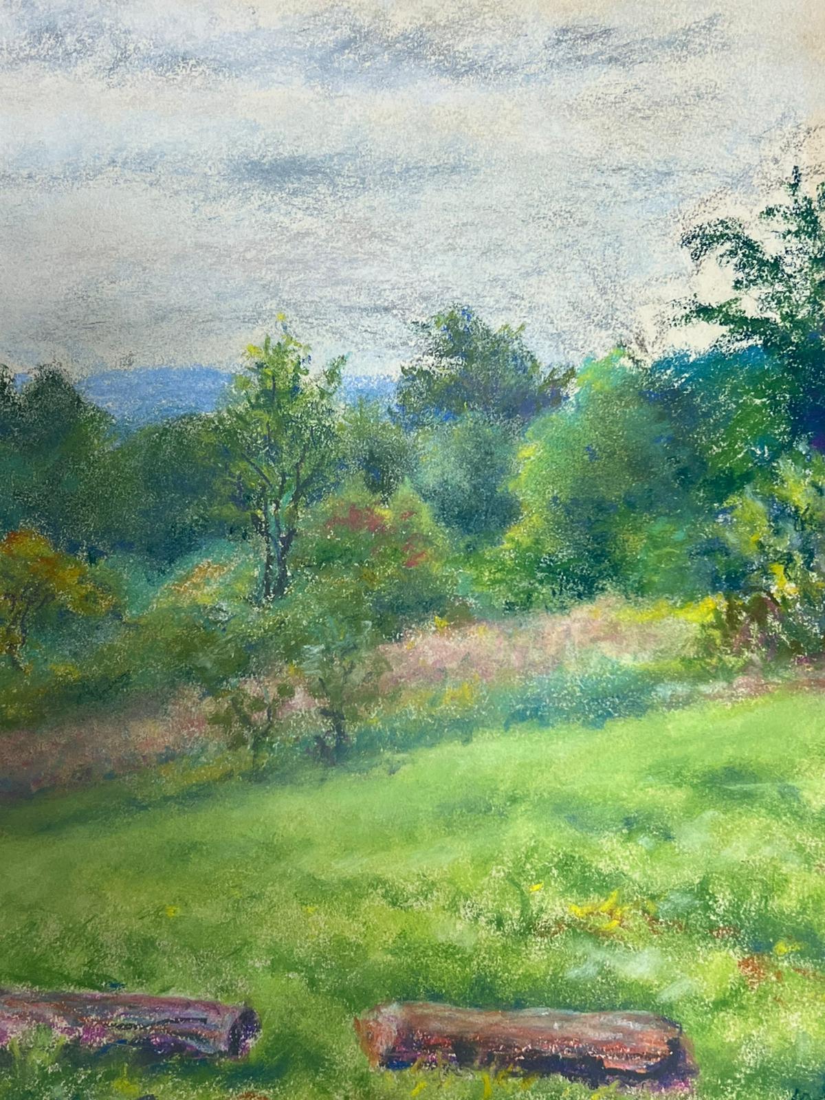 Green Meadow
by Regine David (female French artist, 1910-2018)
dated 1954 inscribed verso 
pastel painting on artist paper
painting: 15 x 19 inches
condition: This painting is in excellent condition, with vibrant colors and well-preserved details.