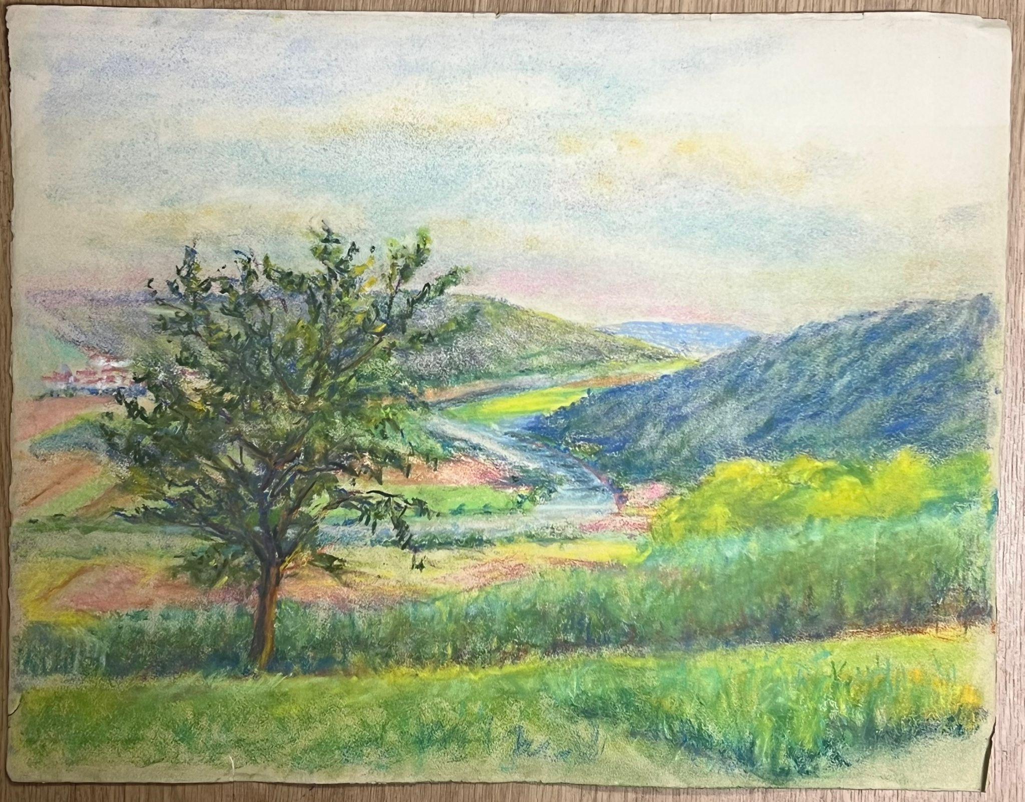 Paesaggio pastello d'epoca con valli verdeggianti e fiume tortuoso Colori vivaci - Painting di Regine David