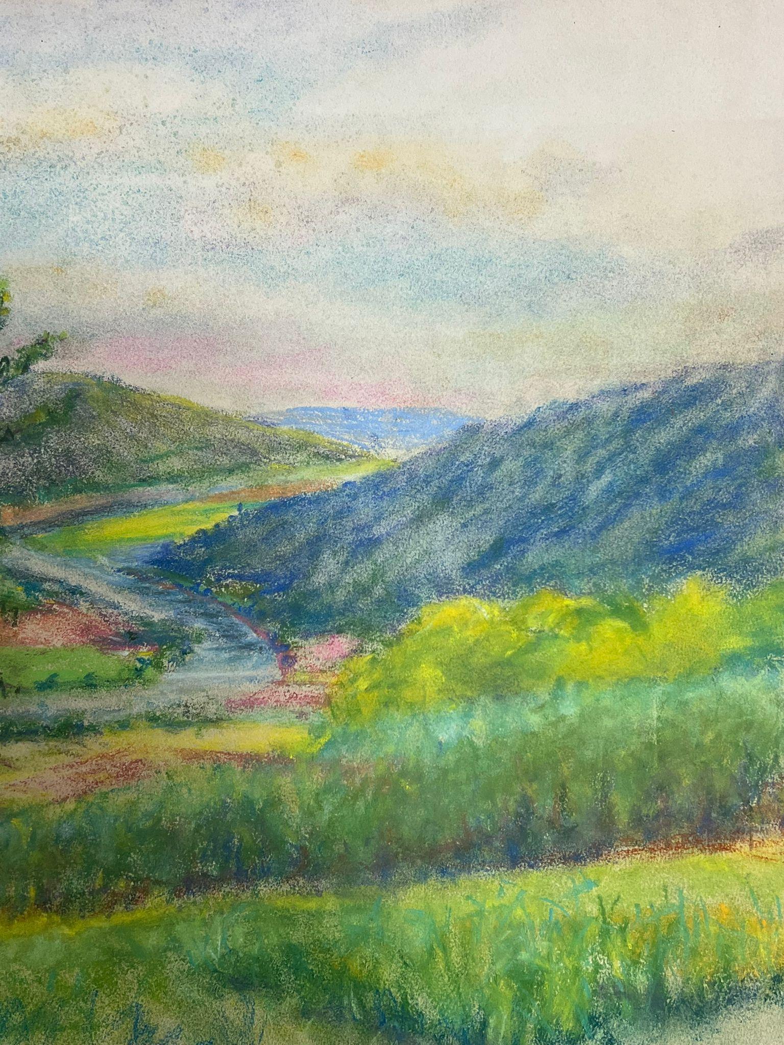 Paesaggio pastello d'epoca con valli verdeggianti e fiume tortuoso Colori vivaci in vendita 1
