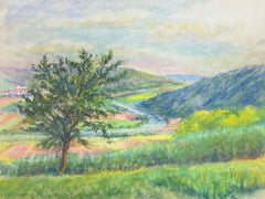 Paesaggio pastello d'epoca con valli verdeggianti e fiume tortuoso Colori vivaci