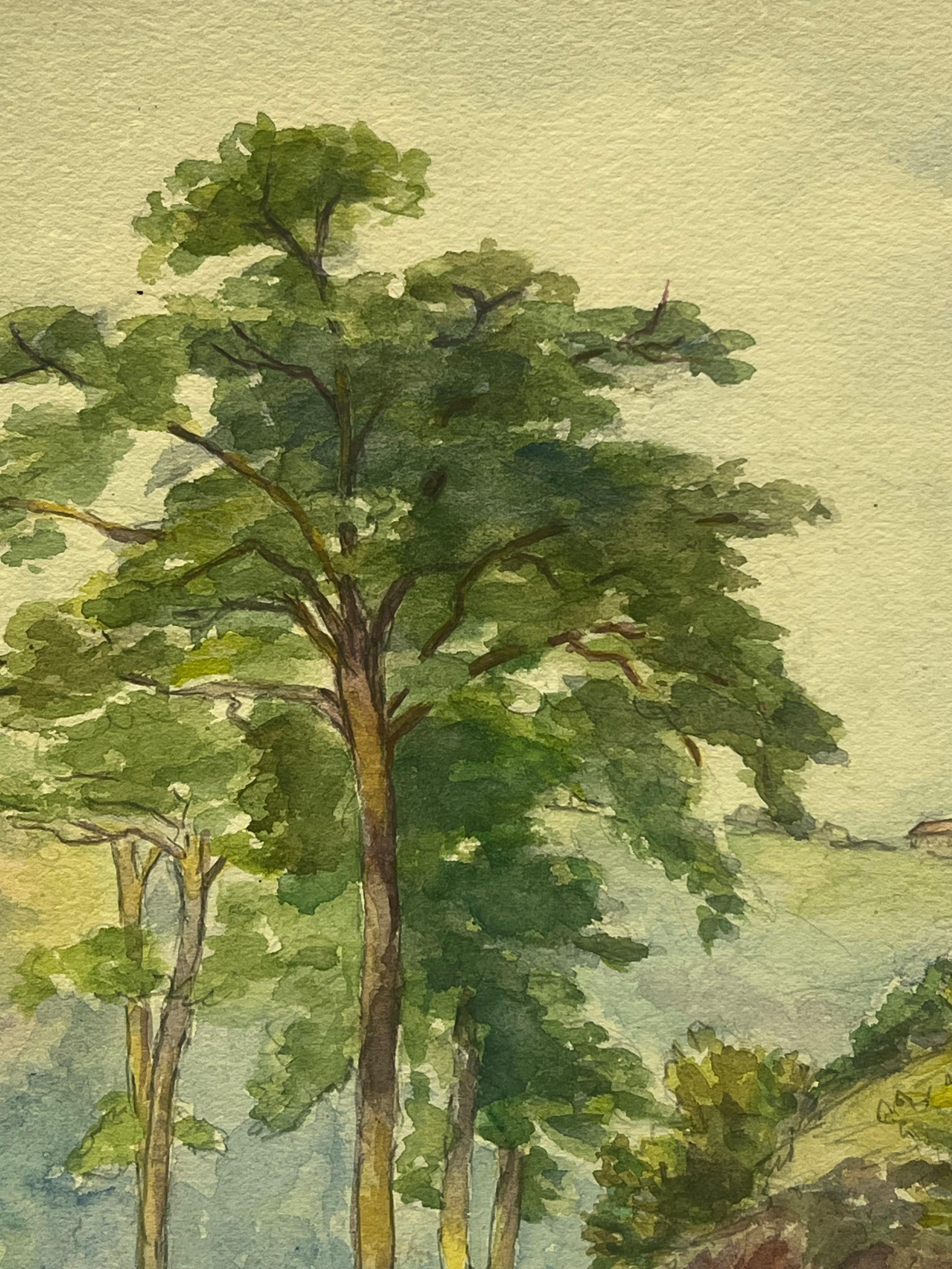 Paisaje en acuarela de una carretera sinuosa Región francesa del Alto Loira - Painting de Regine David