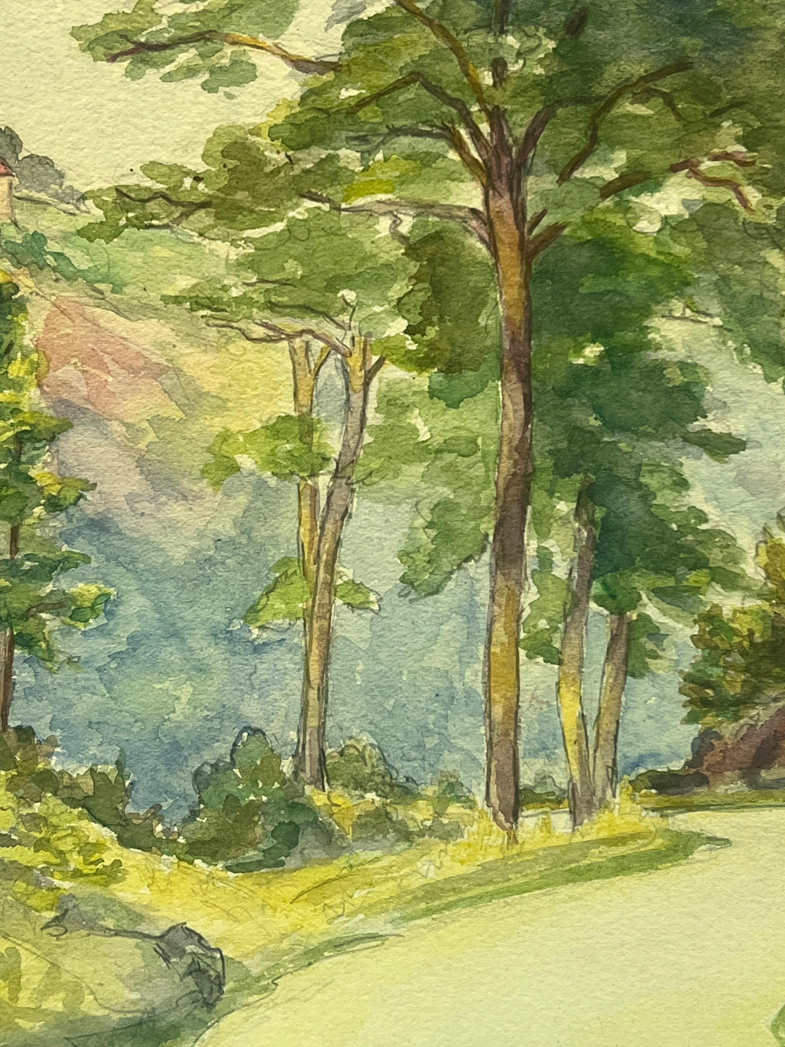 Paisaje en acuarela de una carretera sinuosa Región francesa del Alto Loira - Painting Posimpresionista de Regine David