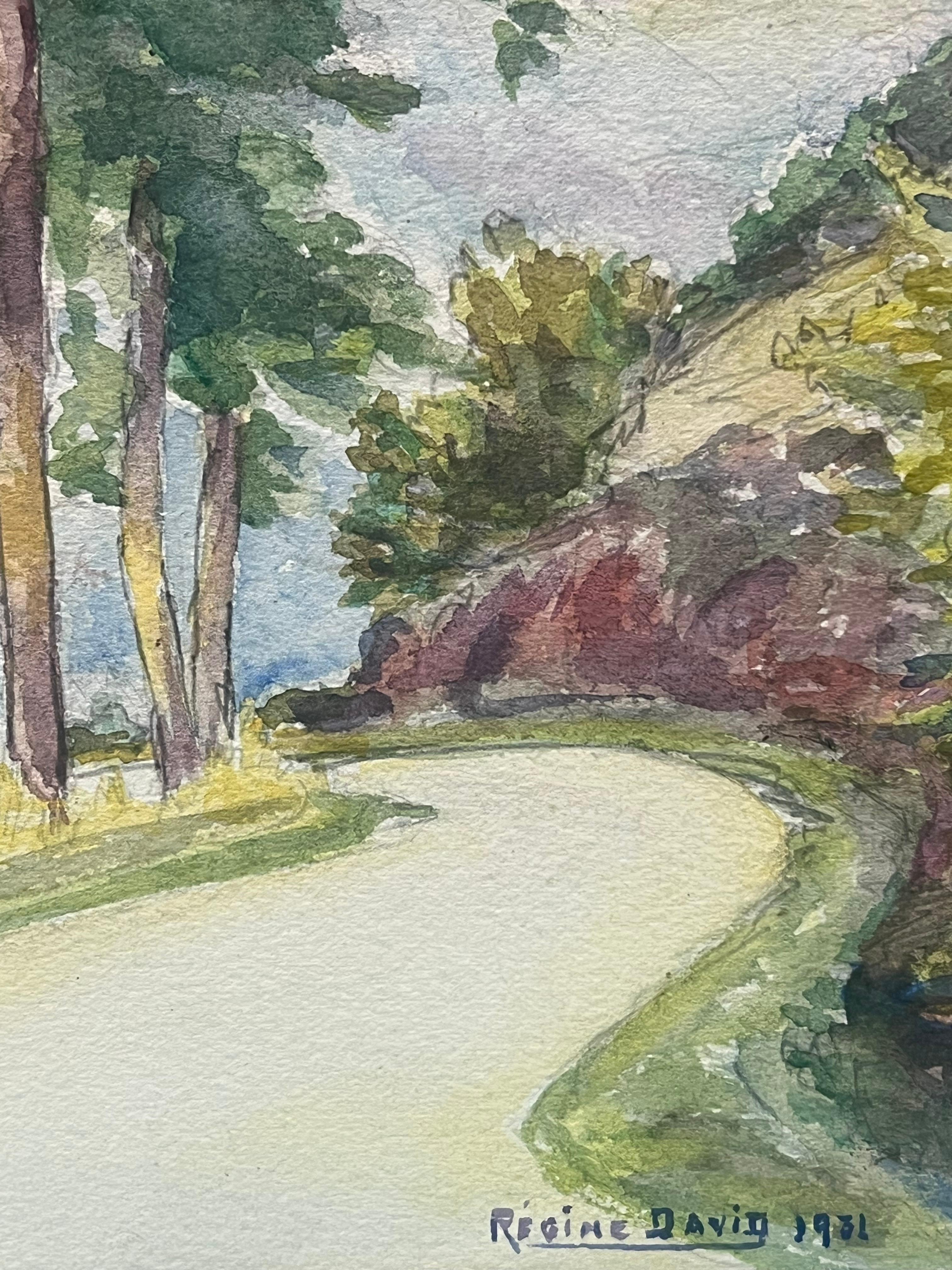 Paisaje en acuarela de una carretera sinuosa Región francesa del Alto Loira - Landscape Painting Marrón de Regine David