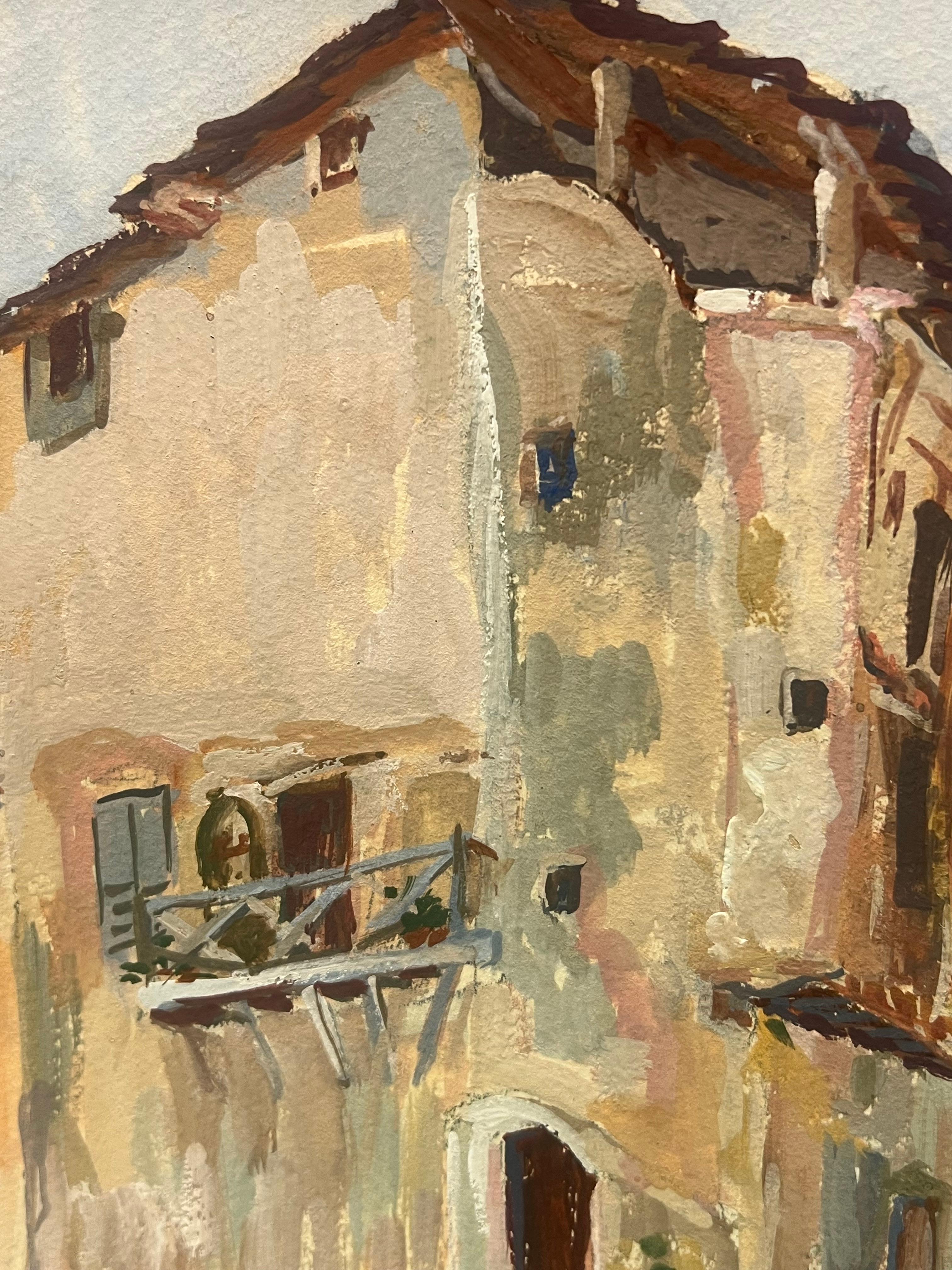 Gemälde eines malerischen Dorfplatzes mit rustikaler, gewölbter Steintür (Post-Impressionismus), Painting, von Regine David