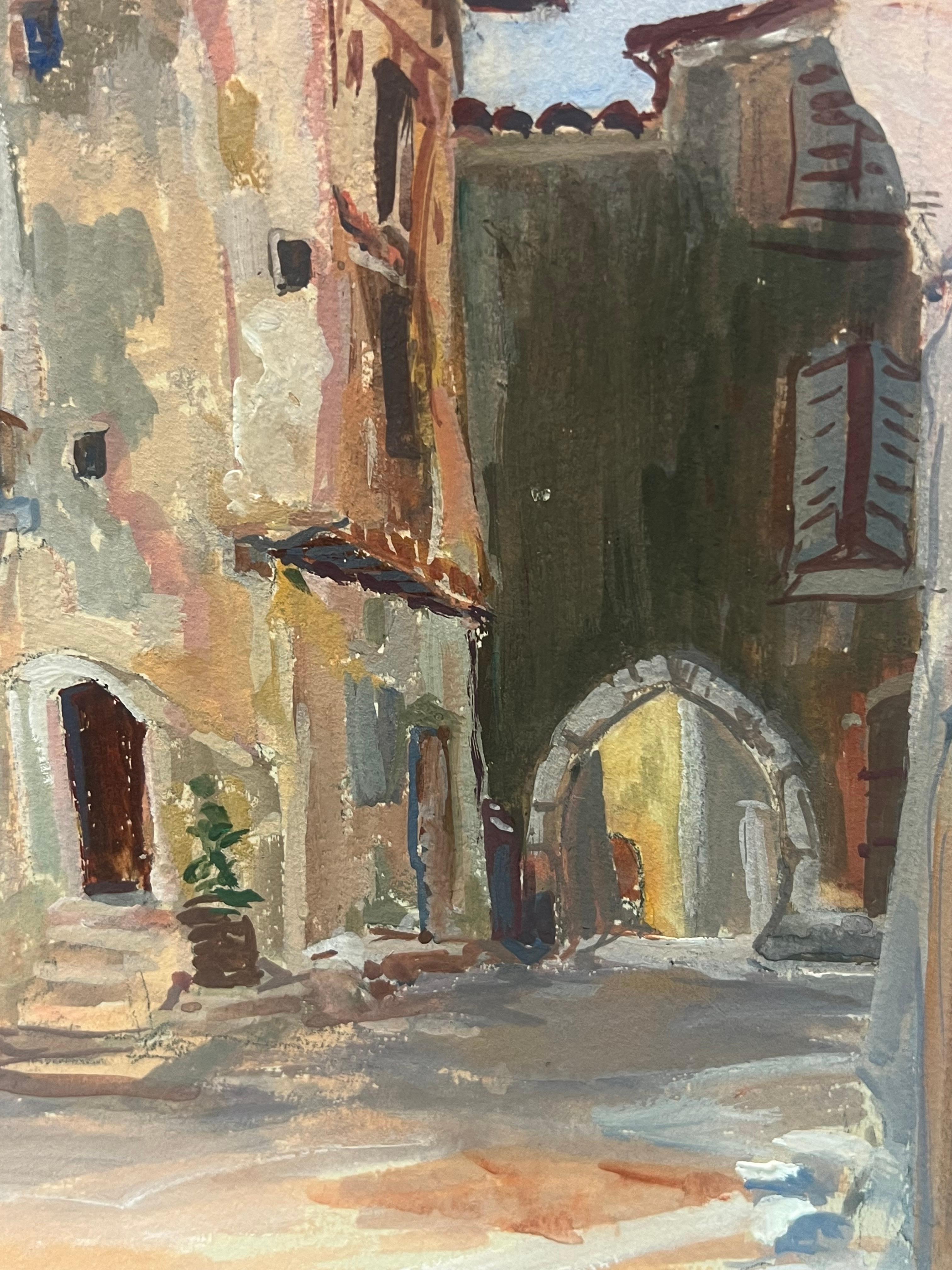 Village Stone Square von Regine David (französische Künstlerin, 1910-2018)
Gouache-Malerei auf Künstlerpapier, ungerahmt
hechelnd: 9,5 x 7,5 Zoll
Zustand: Das Gemälde ist in ausgezeichnetem Zustand, mit leuchtenden Farben und gut erhaltenen Details.