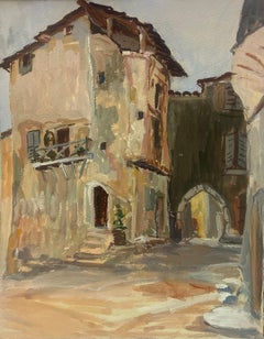 Peinture d'une rue pittoresque avec une porte arquée en pierre rustique