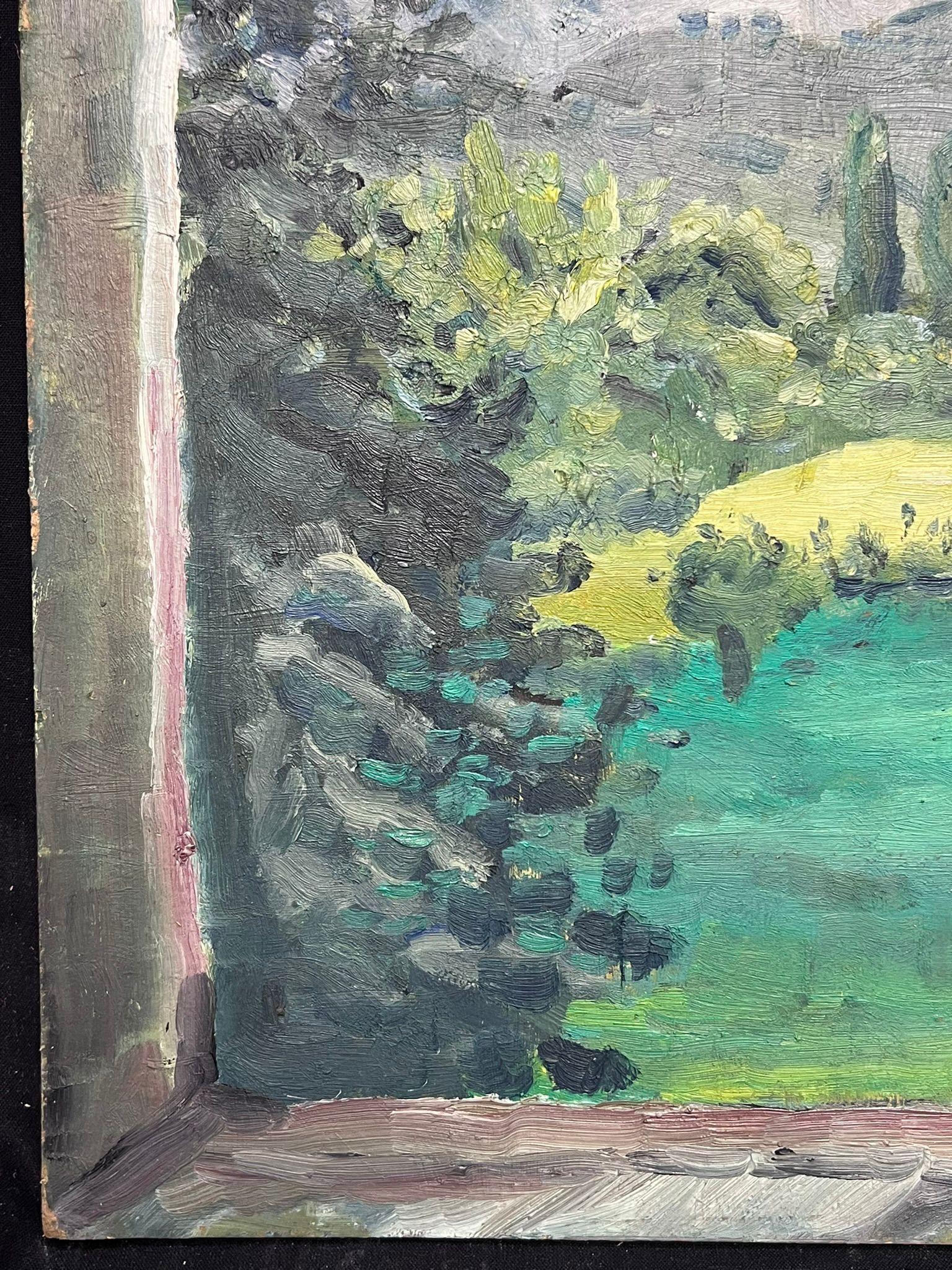Vista dalla finestra di un paesaggio verdeggiante Pittura ad olio espressiva - Painting di Regine David
