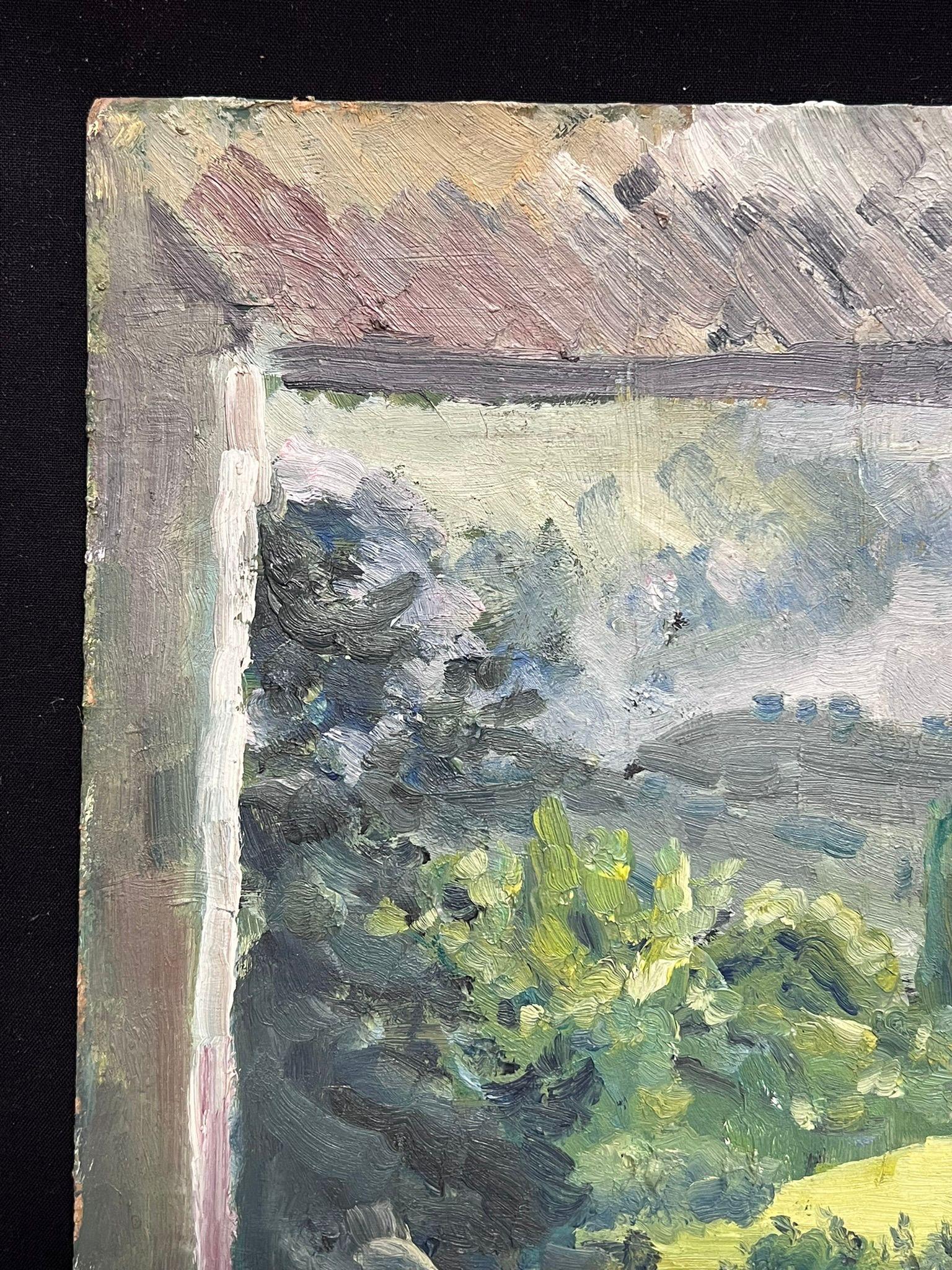 Vista dalla finestra di un paesaggio verdeggiante Pittura ad olio espressiva - Landscape Painting Grigio di Regine David