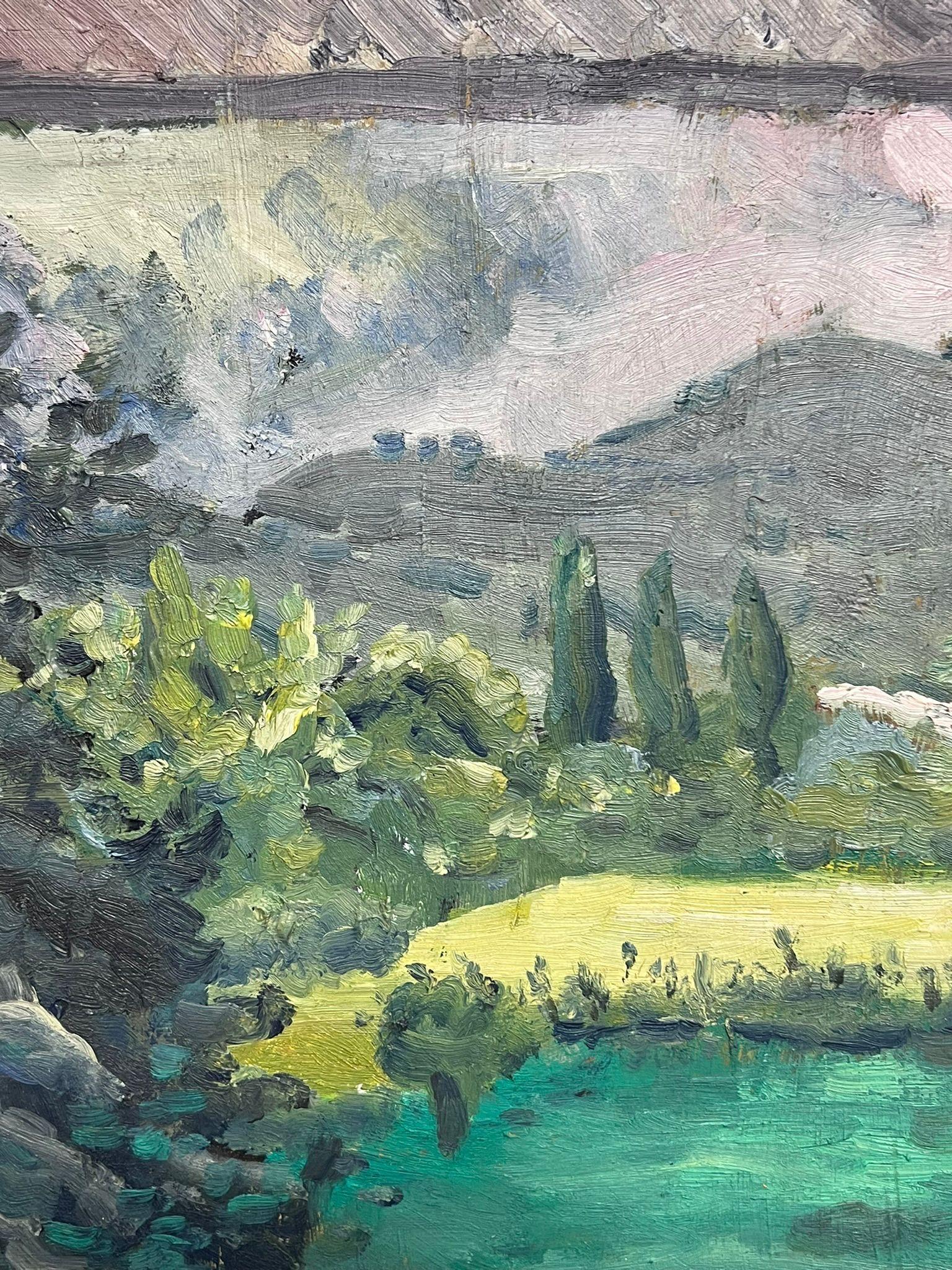Vista dalla finestra 
di David David (artista francese, 1910-2018)
dipinto a olio su tavola, senza cornice
misure: 13,75 x 9,5 pollici
condizioni: Questo dipinto è in condizioni eccellenti, con colori vivaci e dettagli ben conservati. La tela è