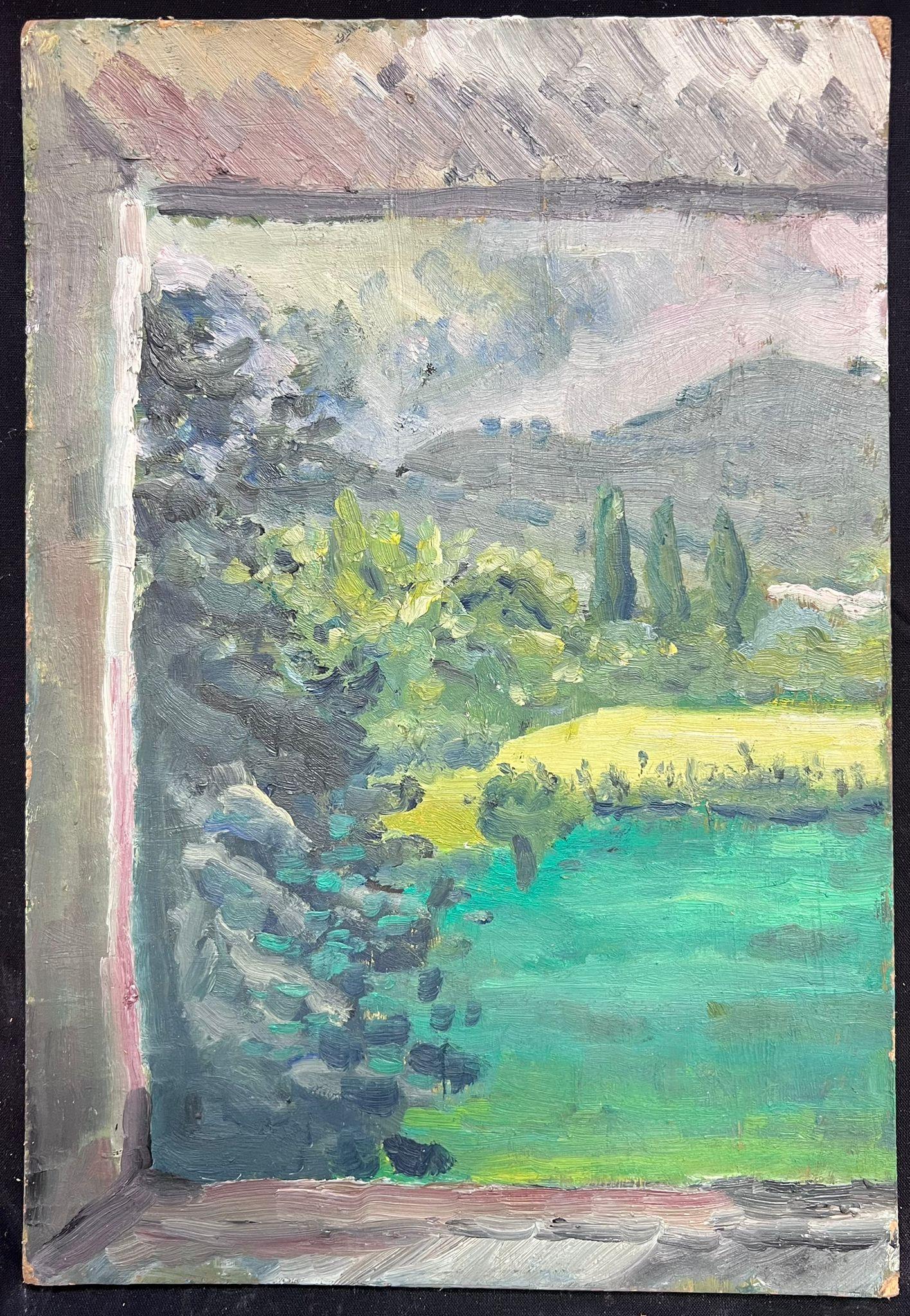 Vista dalla finestra di un paesaggio verdeggiante Pittura ad olio espressiva in vendita 1