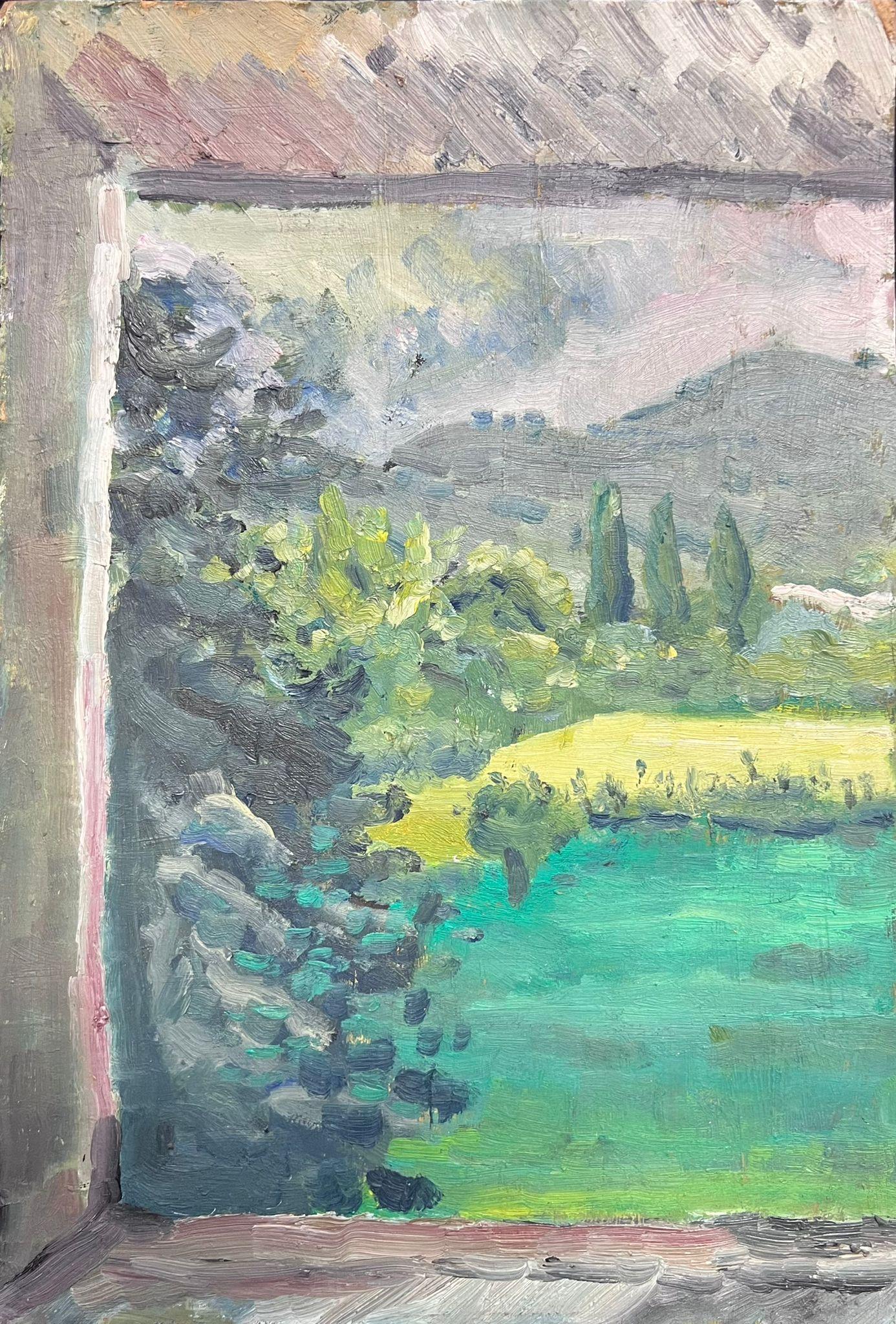 Landscape Painting di Regine David - Vista dalla finestra di un paesaggio verdeggiante Pittura ad olio espressiva