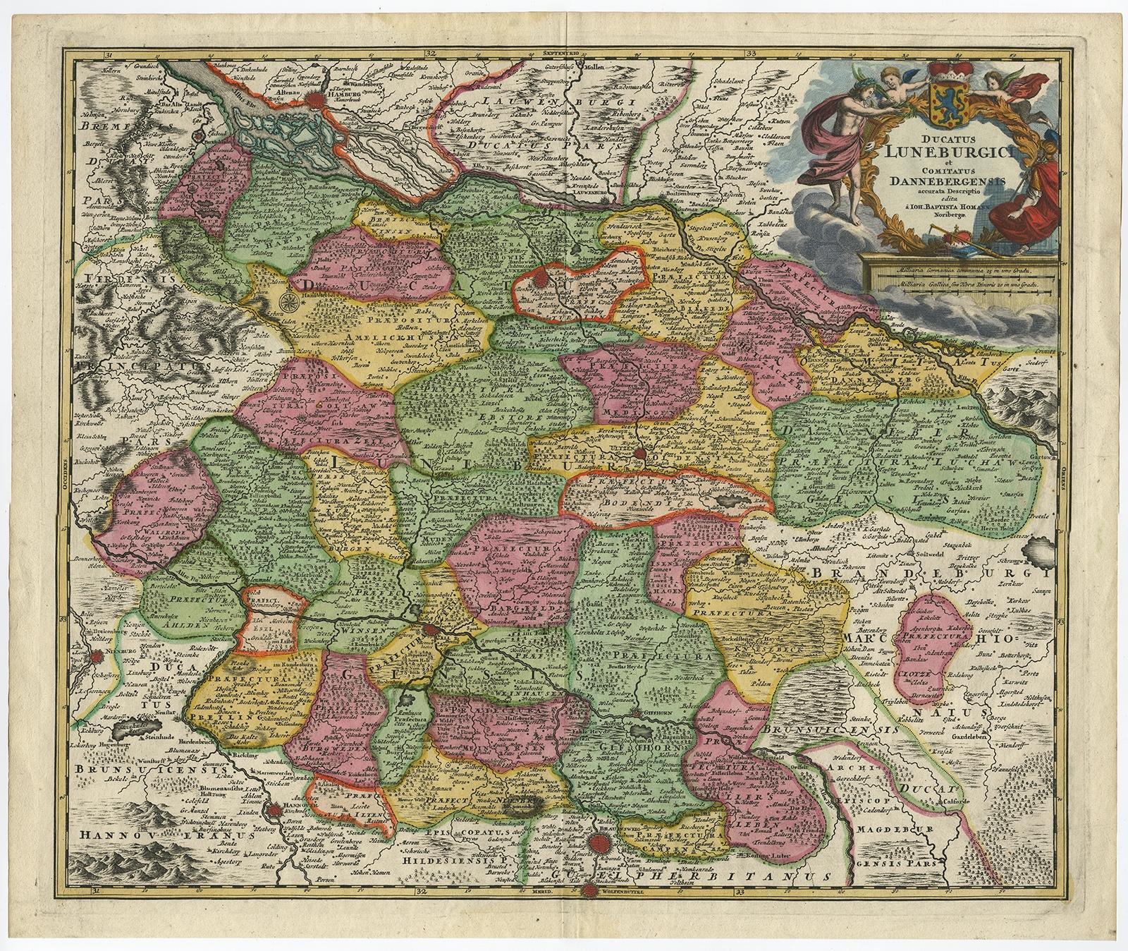Antique map titled 'Ducatus Luneburgici et Comitatus Dannebergensis accurata Descriptio.' 

This detailed regional map includes Hamburg, Luneberg, and as far south as Hannover, Braunsweig. The Aller and Elbe Rivers cut across the area. Fortified