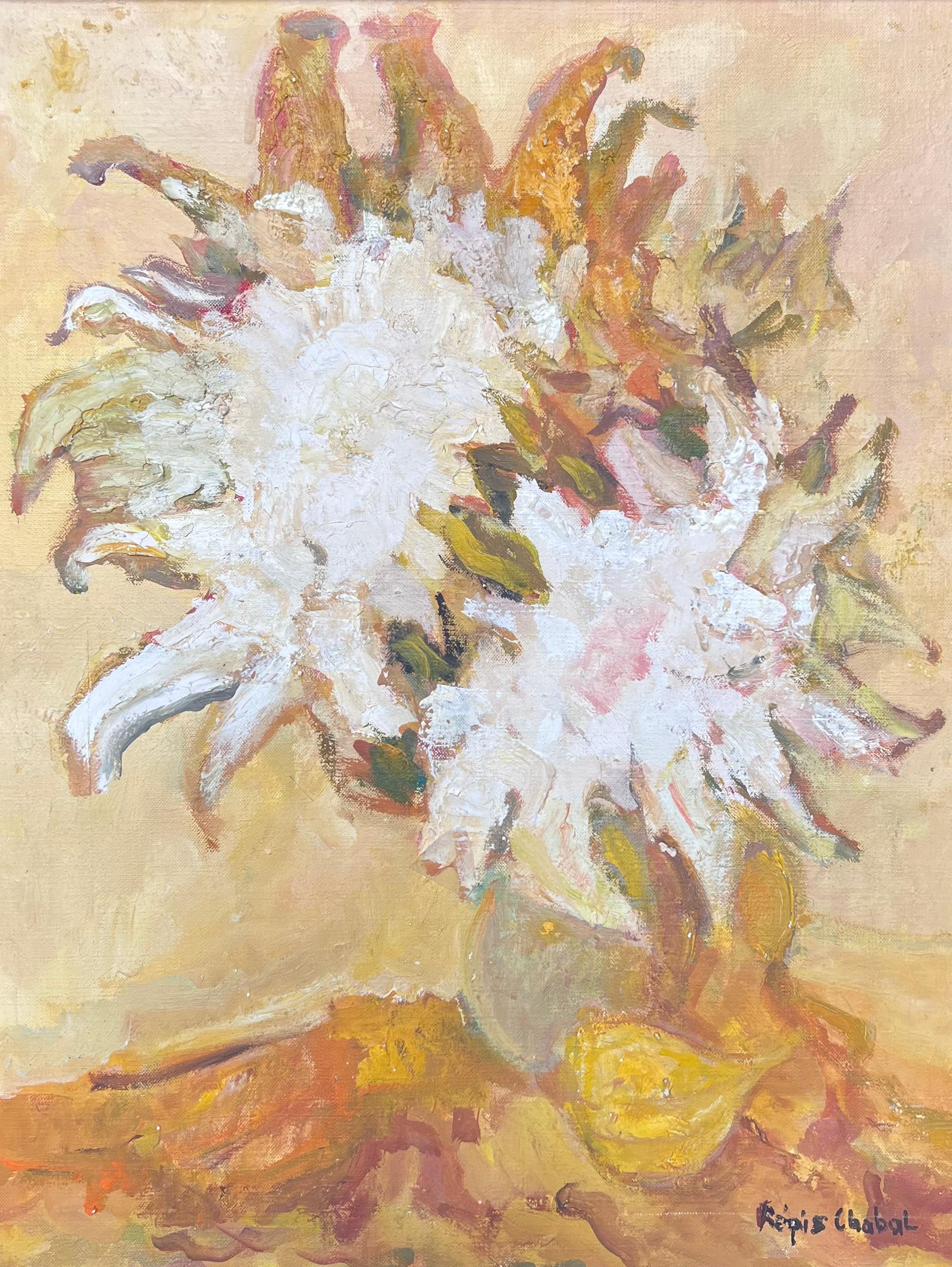 Large French 20th Century Post-Impressionist Signed Oil Sunflowers Still Life - Beige Still-Life Painting by Regis Chabal