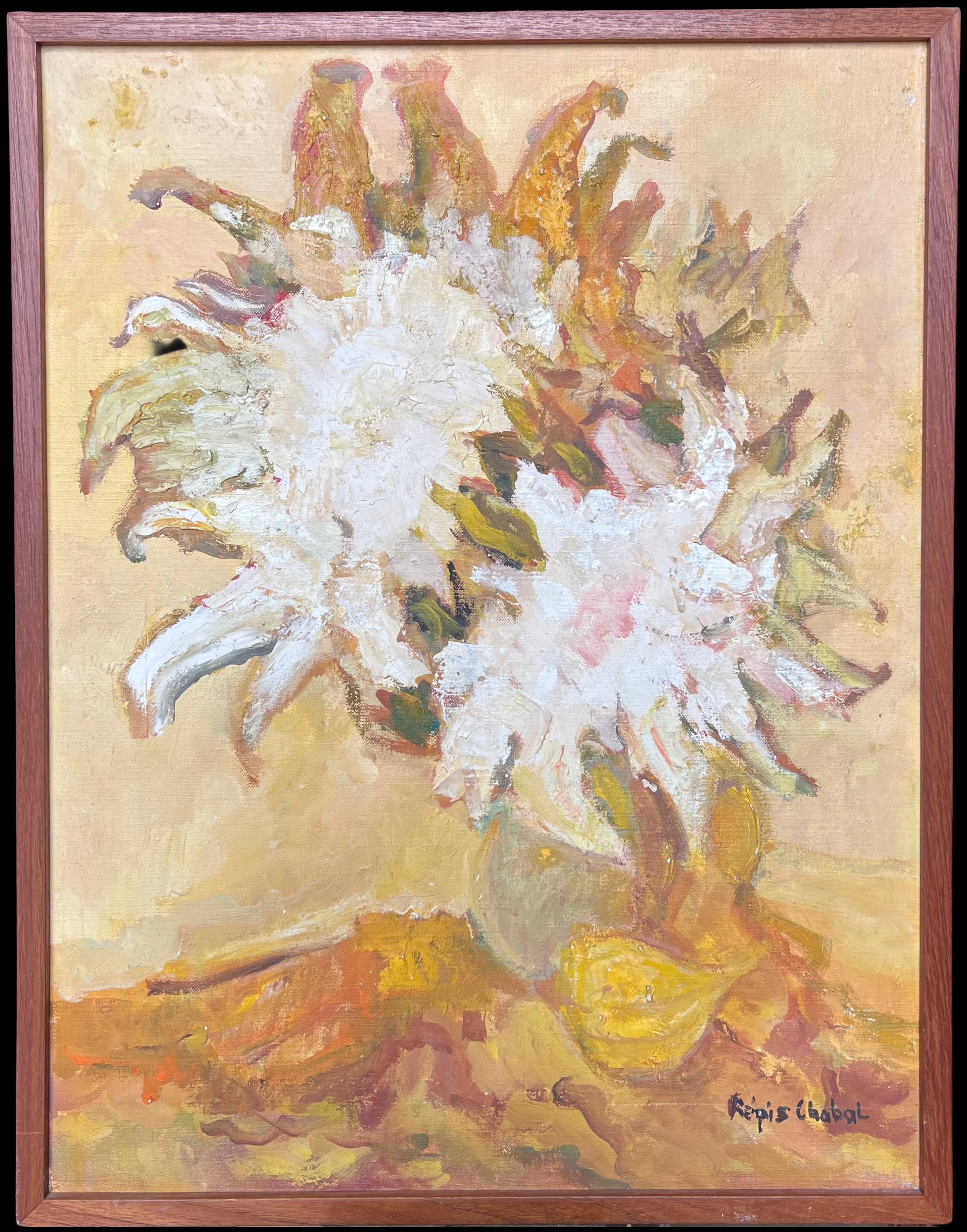 Regis Chabal Still-Life Painting - Large French 20th Century Post-Impressionist Signed Oil Sunflowers Still Life