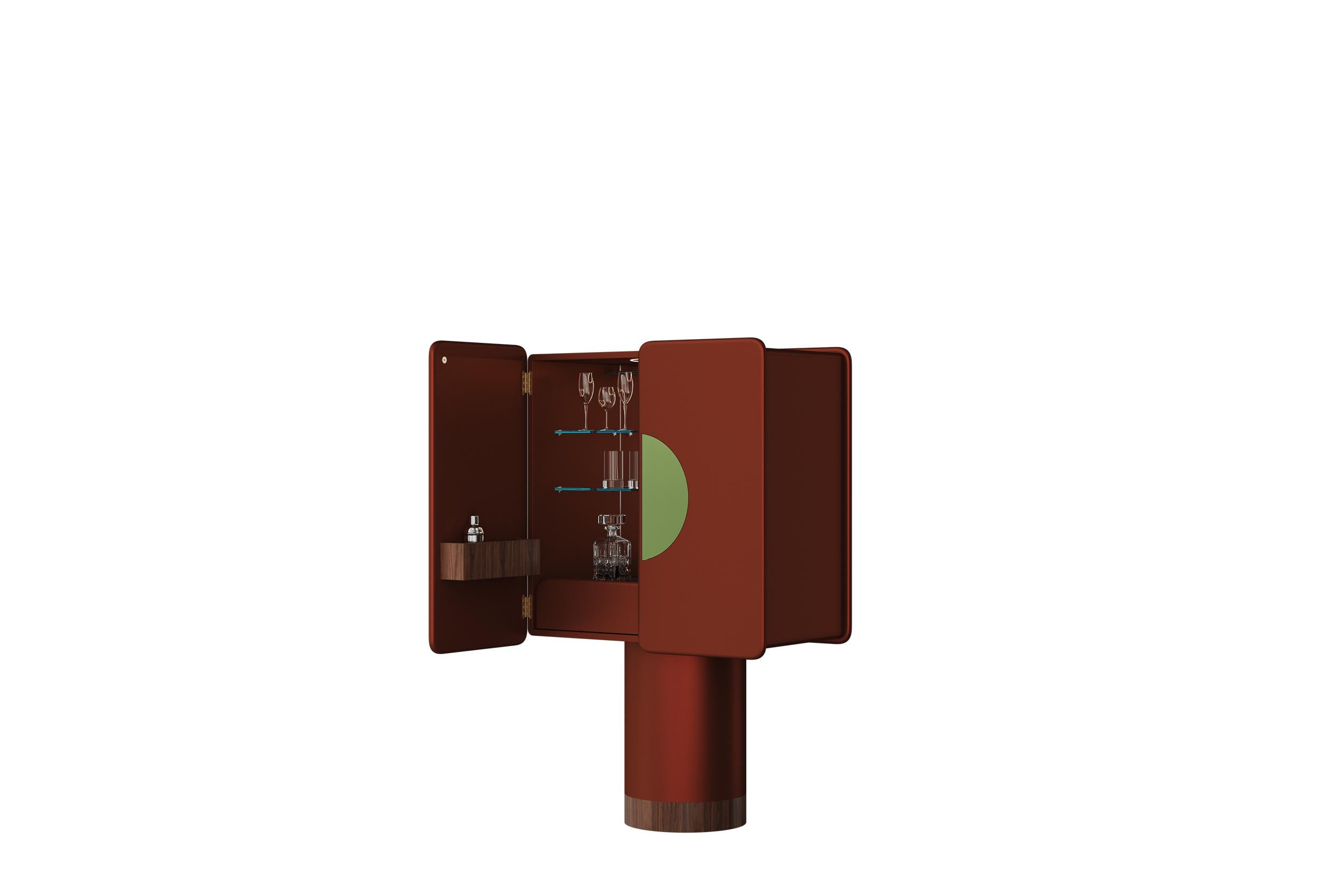 Italian Copper Red Ceramic Cabinet with Two Doors on Cylinder Base by Ultramobili For Sale