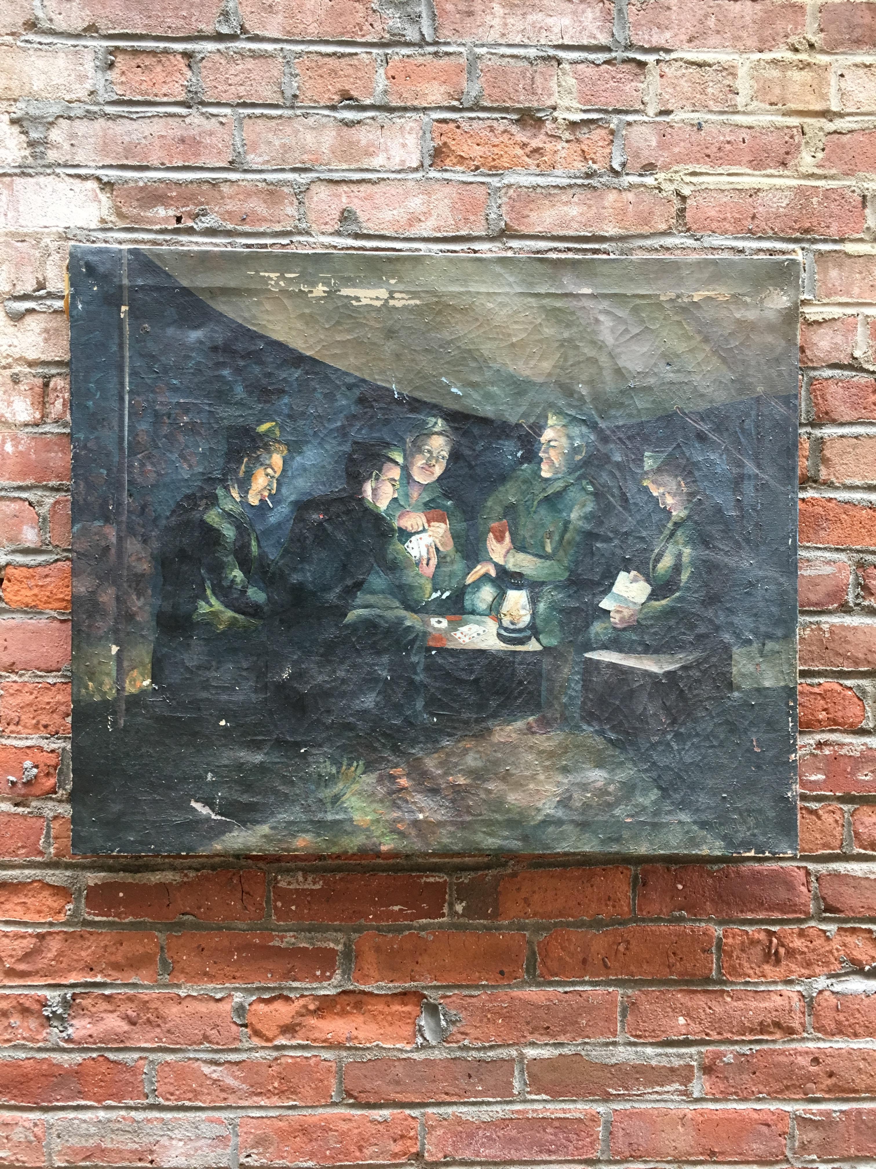 A fascinating peep hole view of a soldiers down time at the start of the second World War. A single lantern illuminates the resting and content faces of new draftees reading and playing cards. The oil painting on canvas is signed and dated lower