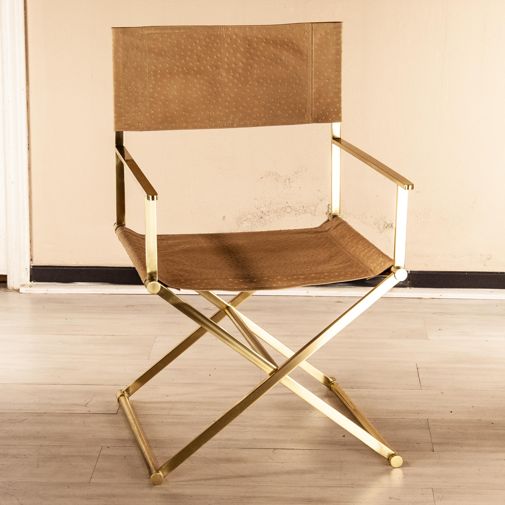 Mid-Century Modern Regista Chair, Natural Solid Brass and Leather For Sale