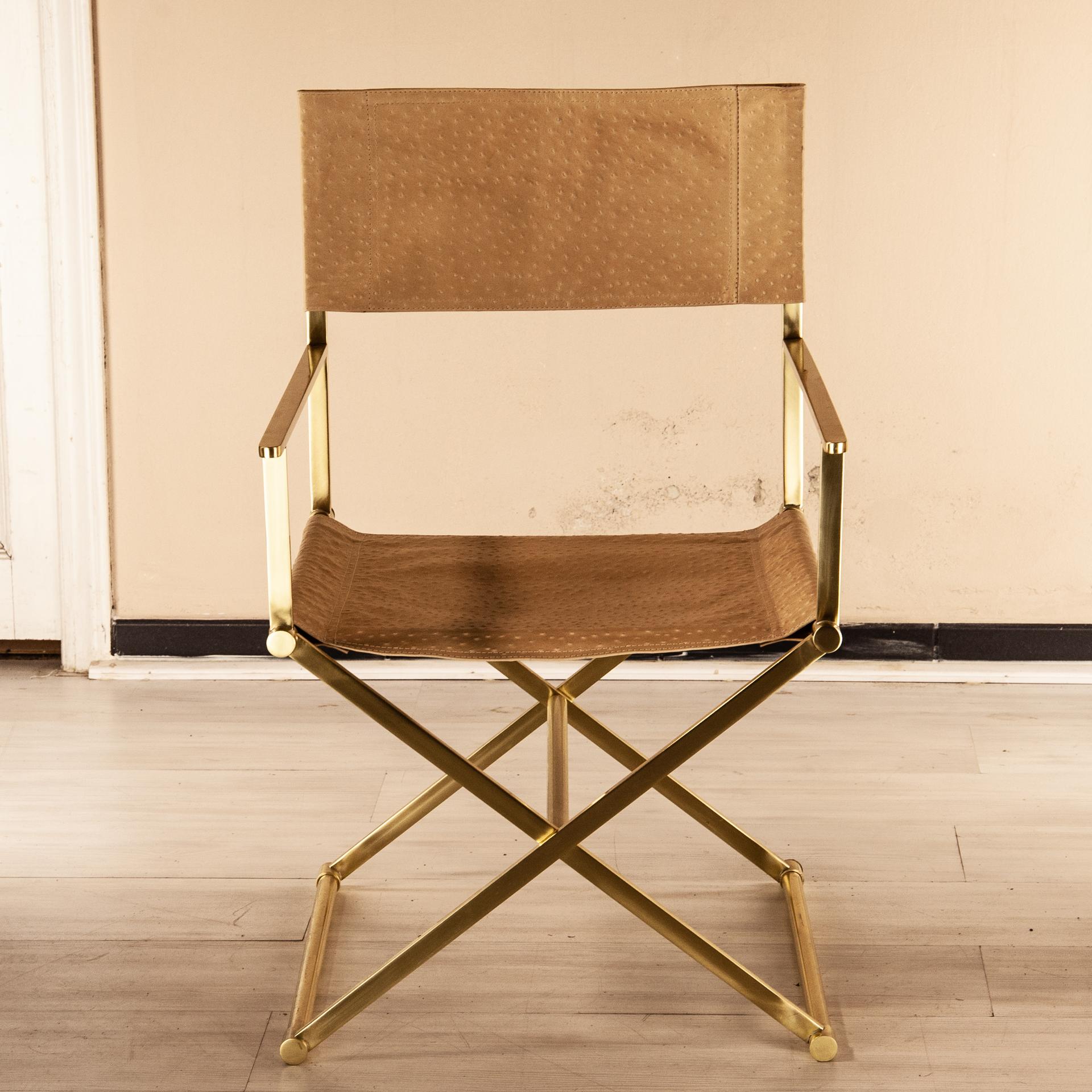 Italian Regista Chair, Natural Solid Brass and Leather For Sale