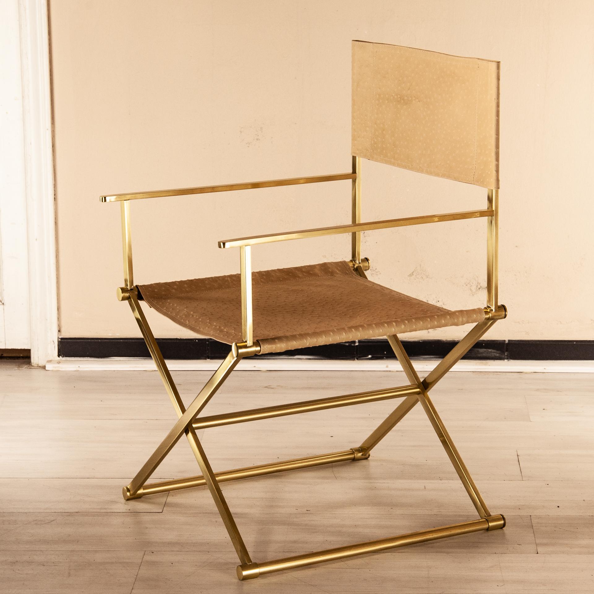 Contemporary Regista Chair, Natural Solid Brass and Leather For Sale