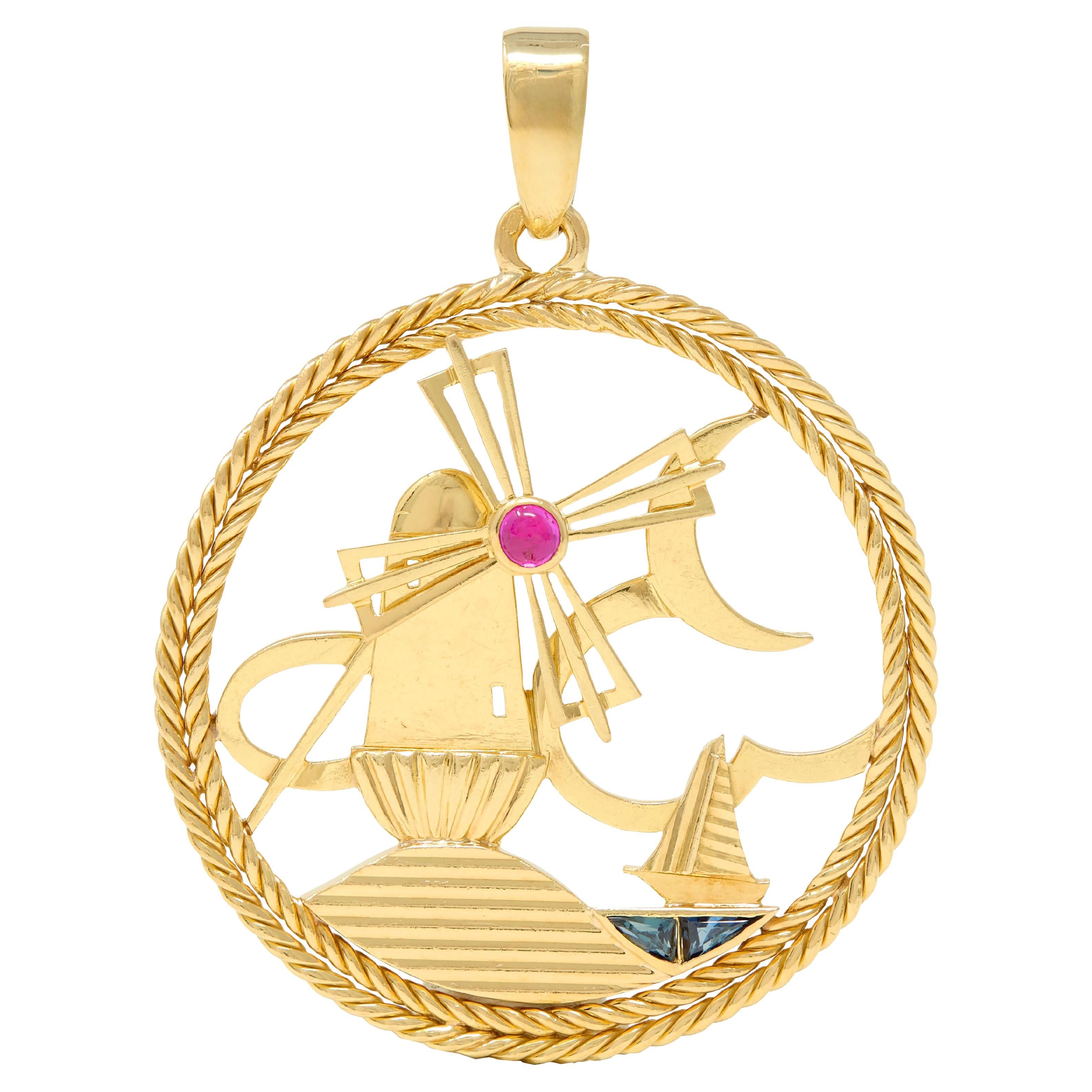Regner Paris French 1960
s Ruby Sapphire 18K Gold Vintage Windmill Boat Charm For Sale