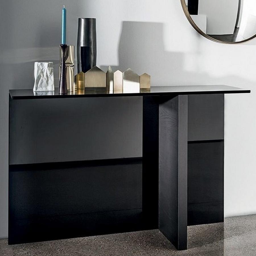Type COLLECTIONI in the search bar to view 300 unique products like this one.

Console with smoked laminated glass top. 
Base composed of a wooden element, various finishes, and a black lacquered glass element.
--
Designed by Lievore Altherr