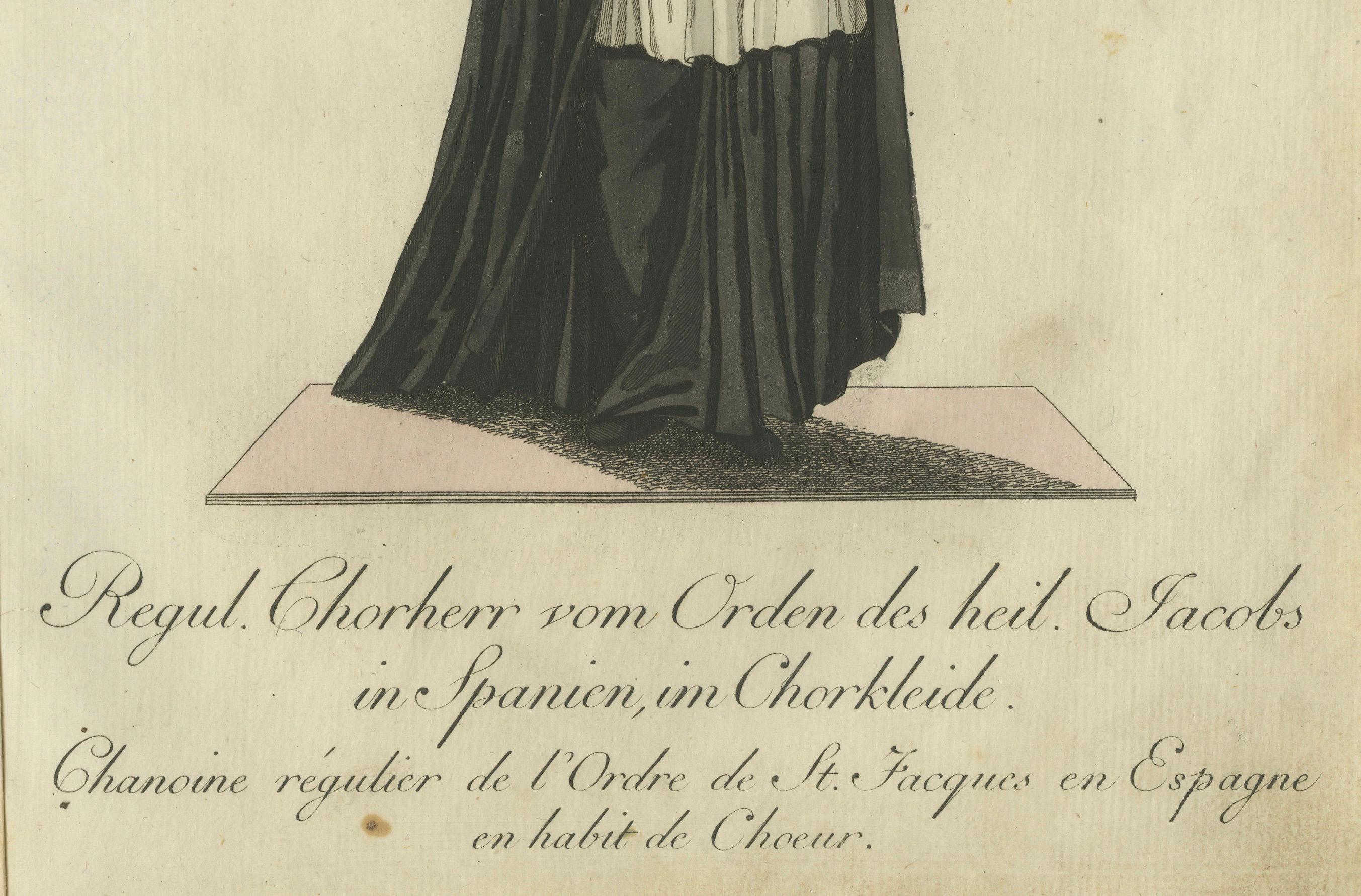 Regulärer Kanoniker des Ordens des Heiligen Jakobus von Spanien in Chorkleidung

Dieser handkolorierte Stich zeigt einen regulären Kanoniker des St. Jakobus-Ordens in Spanien in traditioneller Chorkleidung. Die Figur hält ein Buch in der Hand, das