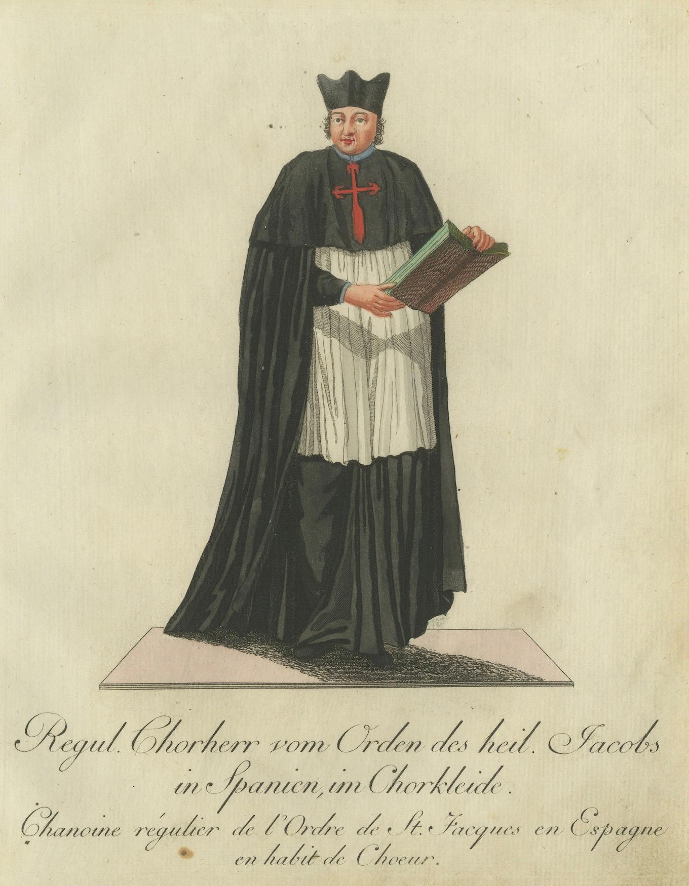 Regular Canon of the Order of St. James of Spain in Choir Attire des Ordens von Spanien, Gravur 1791 im Zustand „Gut“ im Angebot in Langweer, NL