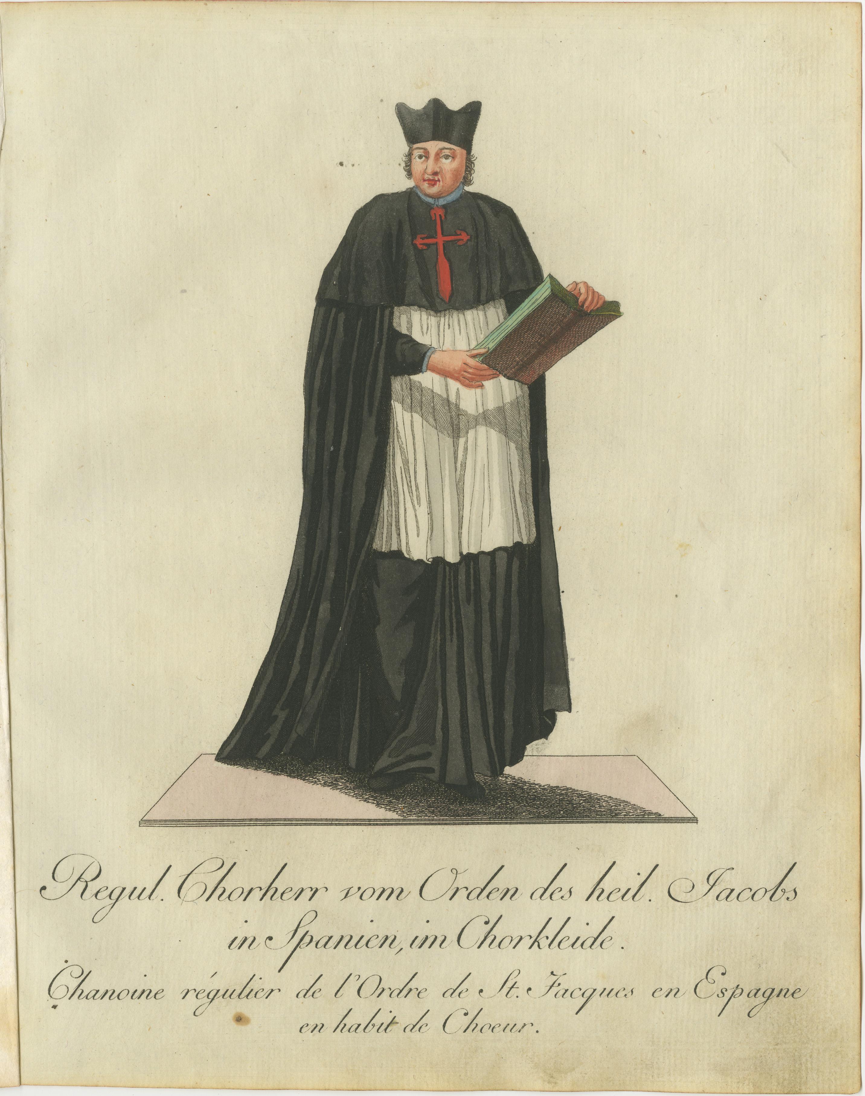 Regular Canon of the Order of St. James of Spain in Choir Attire des Ordens von Spanien, Gravur 1791 (Spätes 18. Jahrhundert) im Angebot