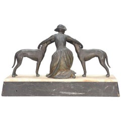 Regulates Art Deco Period 1930 on Onyx Base Young Woman with Greyhounds