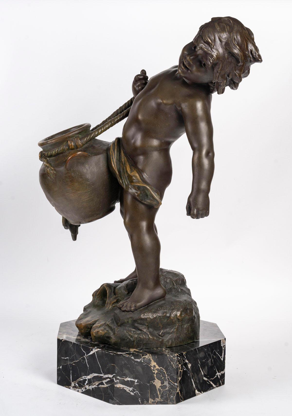Patinated Regule Sculpture by Auguste Moreau, Marble Base, Early 20th Century. For Sale