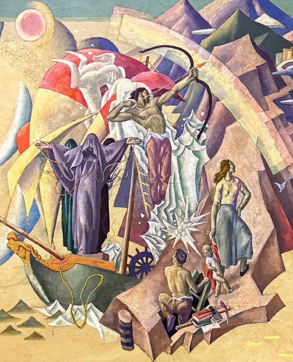 Diese große und aufwendige Studie von Eugene Savage für ein großes Wandgemälde voller Allegorie und Symbolik wurde für das neue Queens Supreme Courthouse gemalt - ein Projekt der Works Progress Administration aus den 1930er Jahren in Queens, New